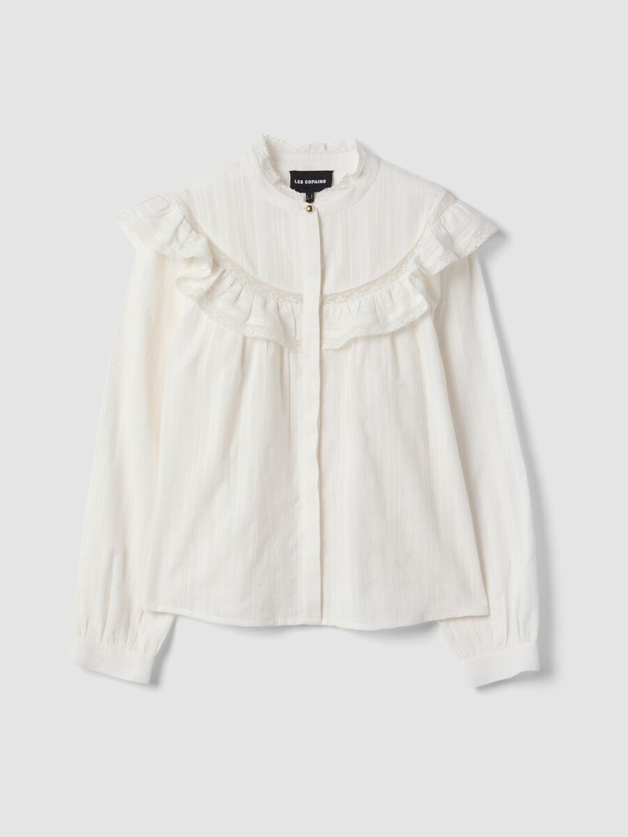 Camicia bianca in puro cotone con collo coreano e volant_0