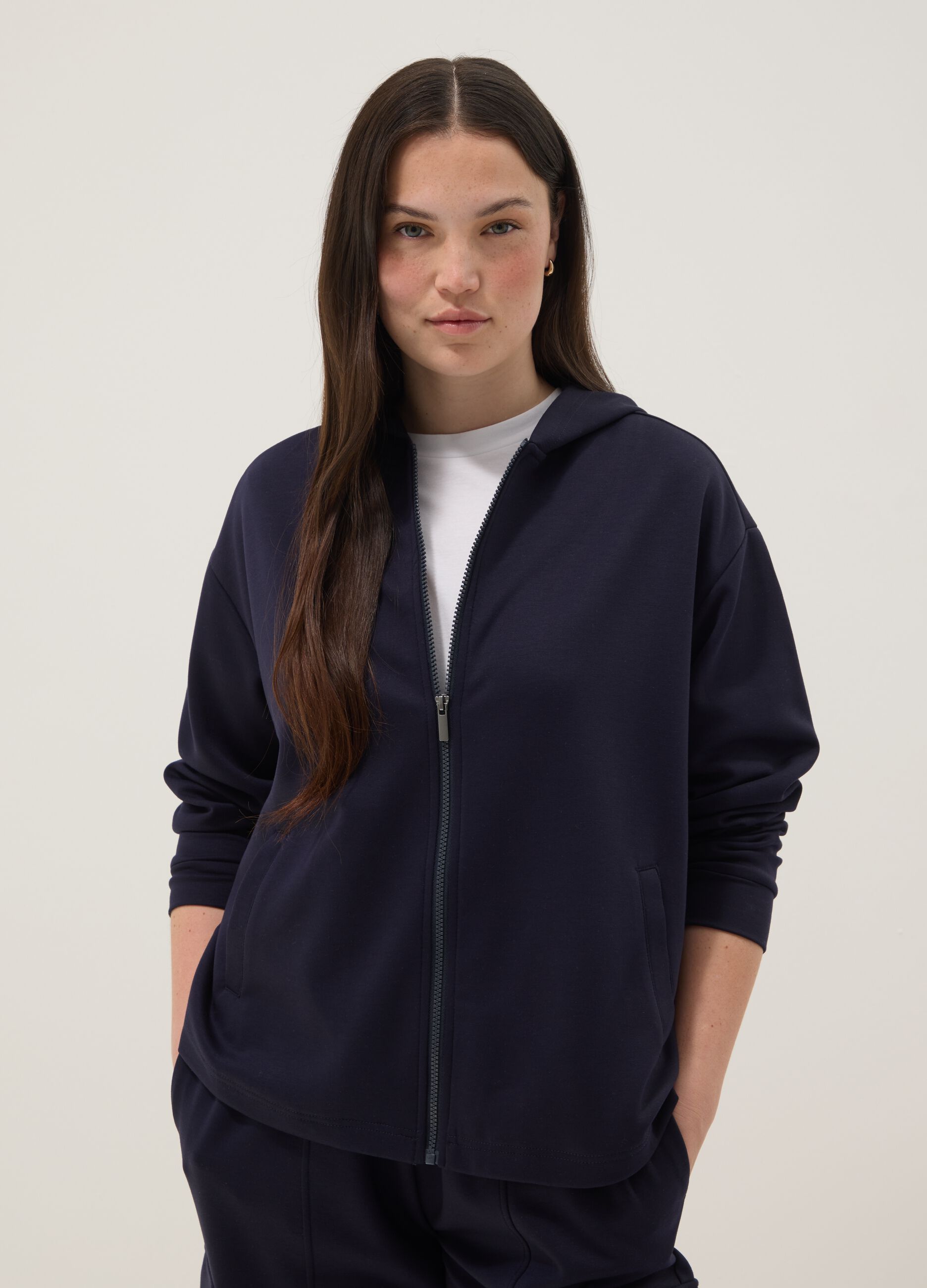 Blue stretch viscose hoodie regular fit with zip