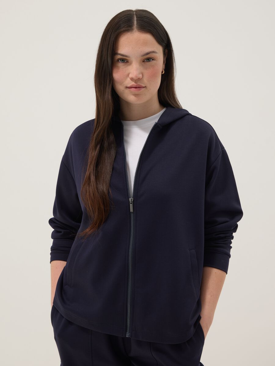 Blue stretch viscose hoodie regular fit with zip_1