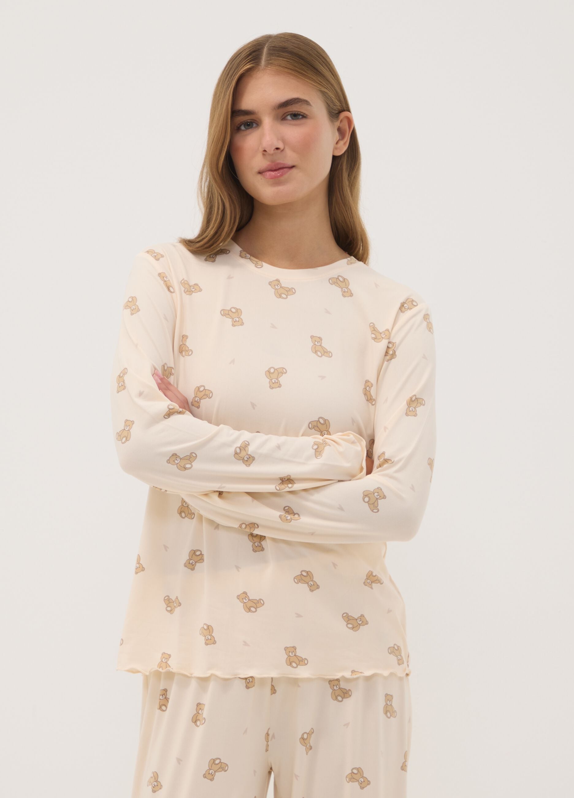 Cream-white stretch fabric crew-neck pyjamas