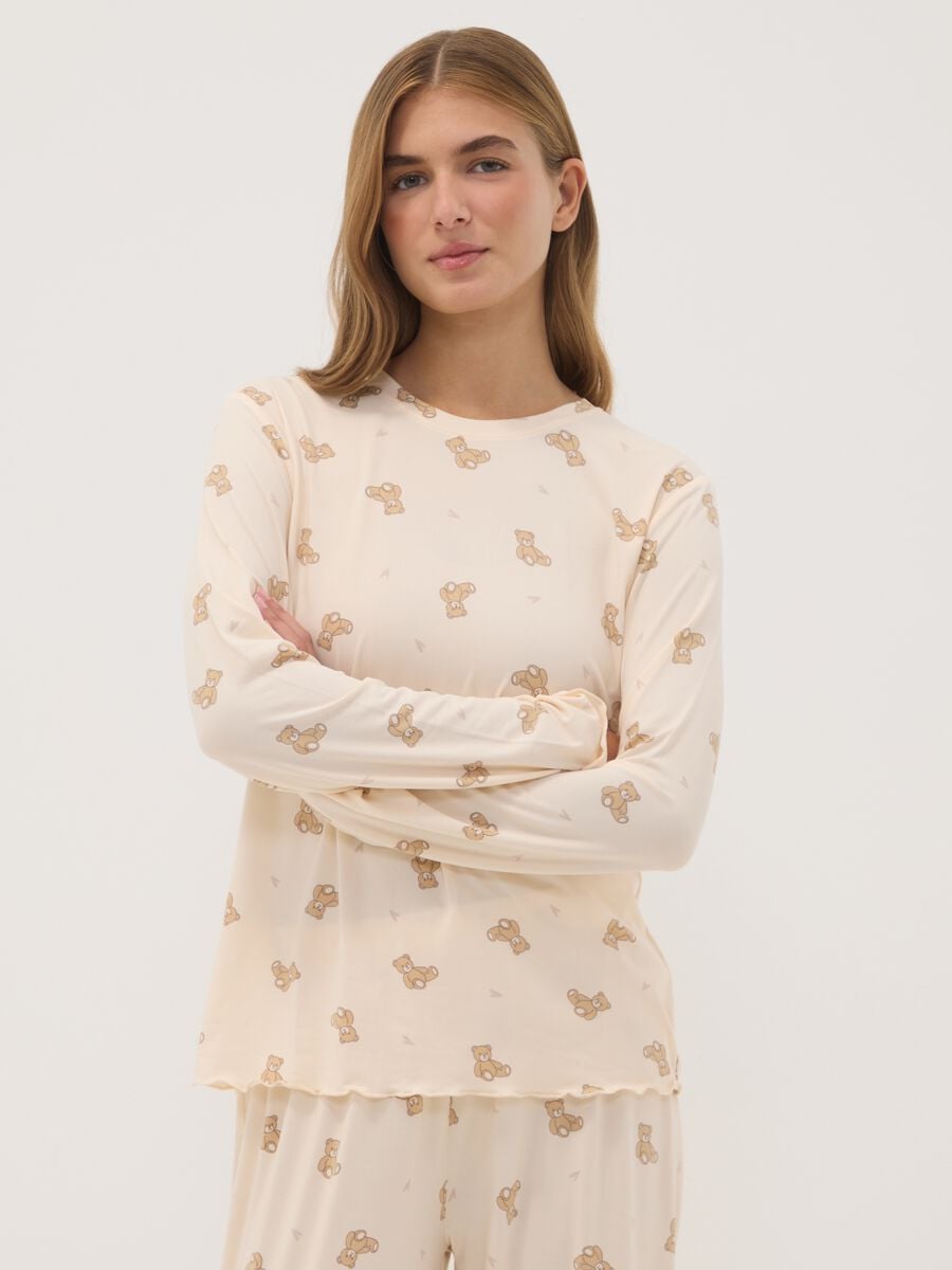 Cream-white stretch fabric crew-neck pyjamas_1