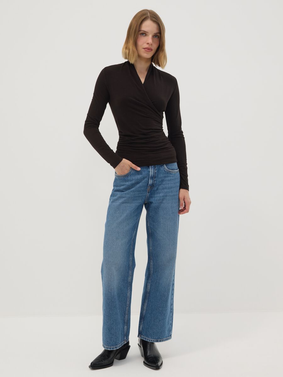 T-shirt marrone in viscosa, seta e lana elasticizzata girocollo regular fit_1