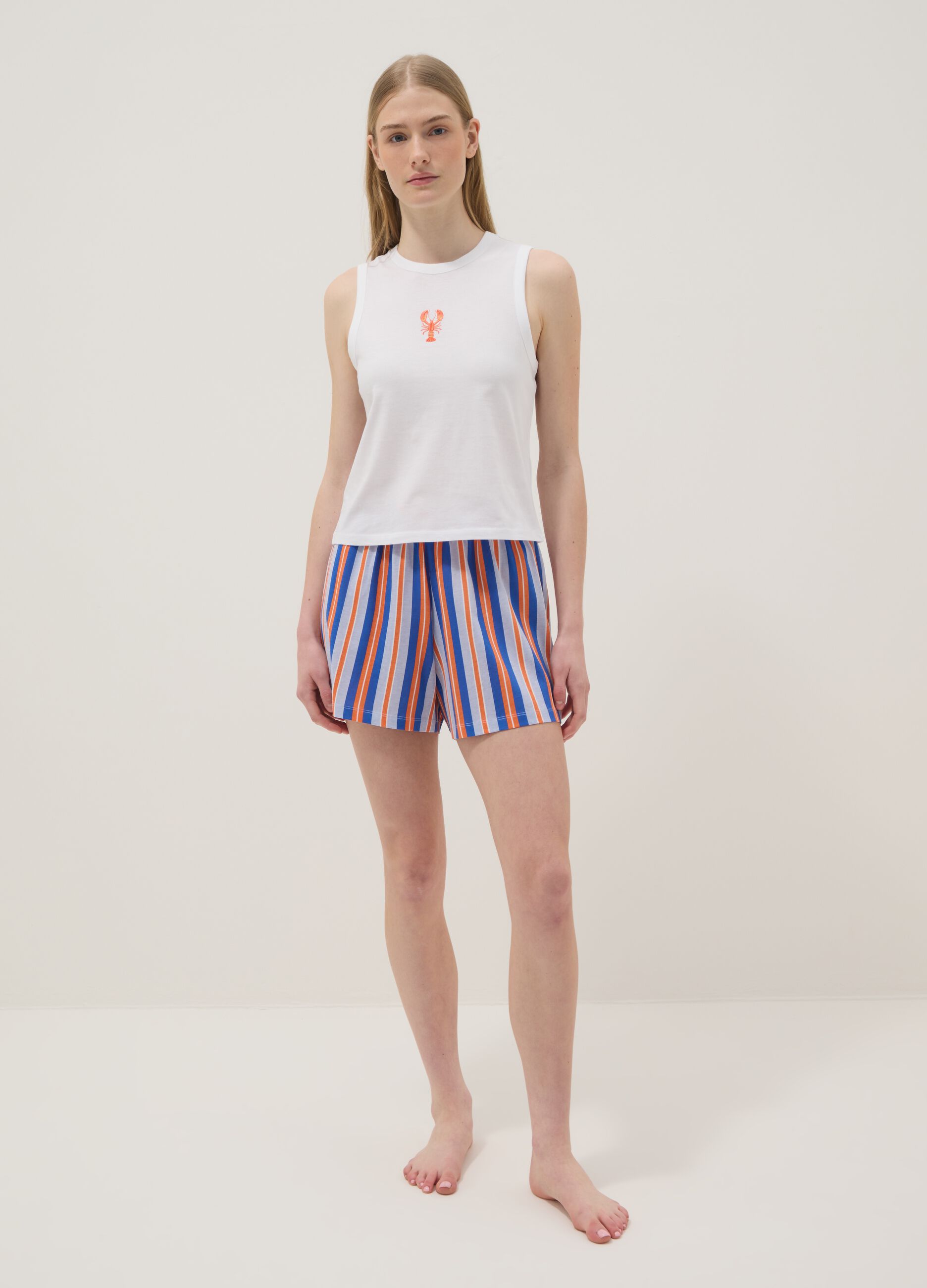 Multicolour pure cotton short pyjamas, regular fit, with embroidery