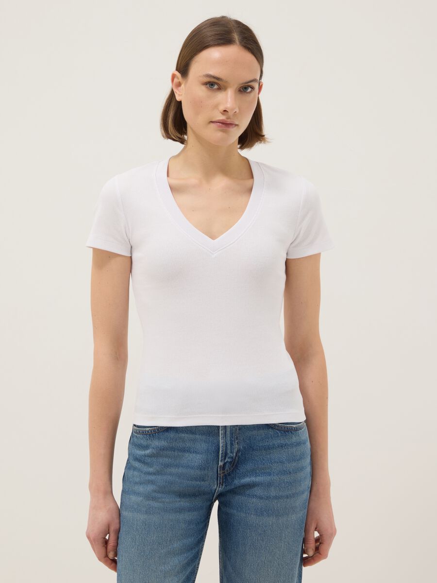 White regular fit deep V stretch cotton T-shirt_1
