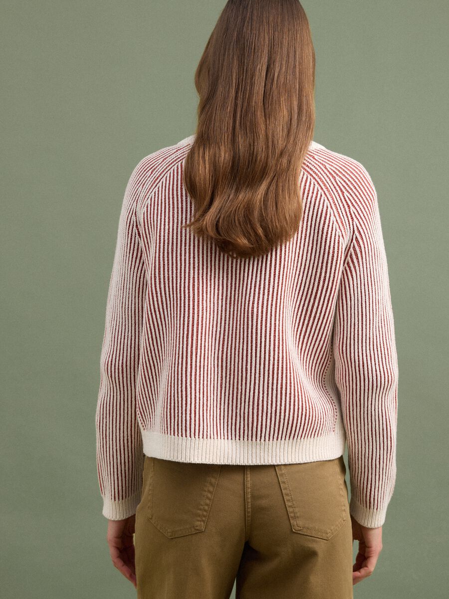 Cardigan bianco in puro cotone a coste con girocollo_3