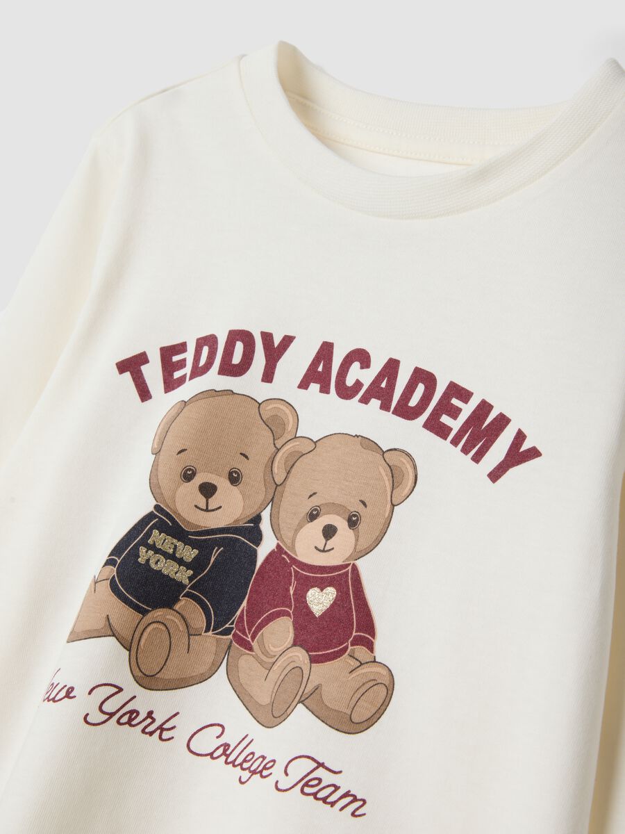 White pure organic cotton T-shirt with teddy print for girls_2
