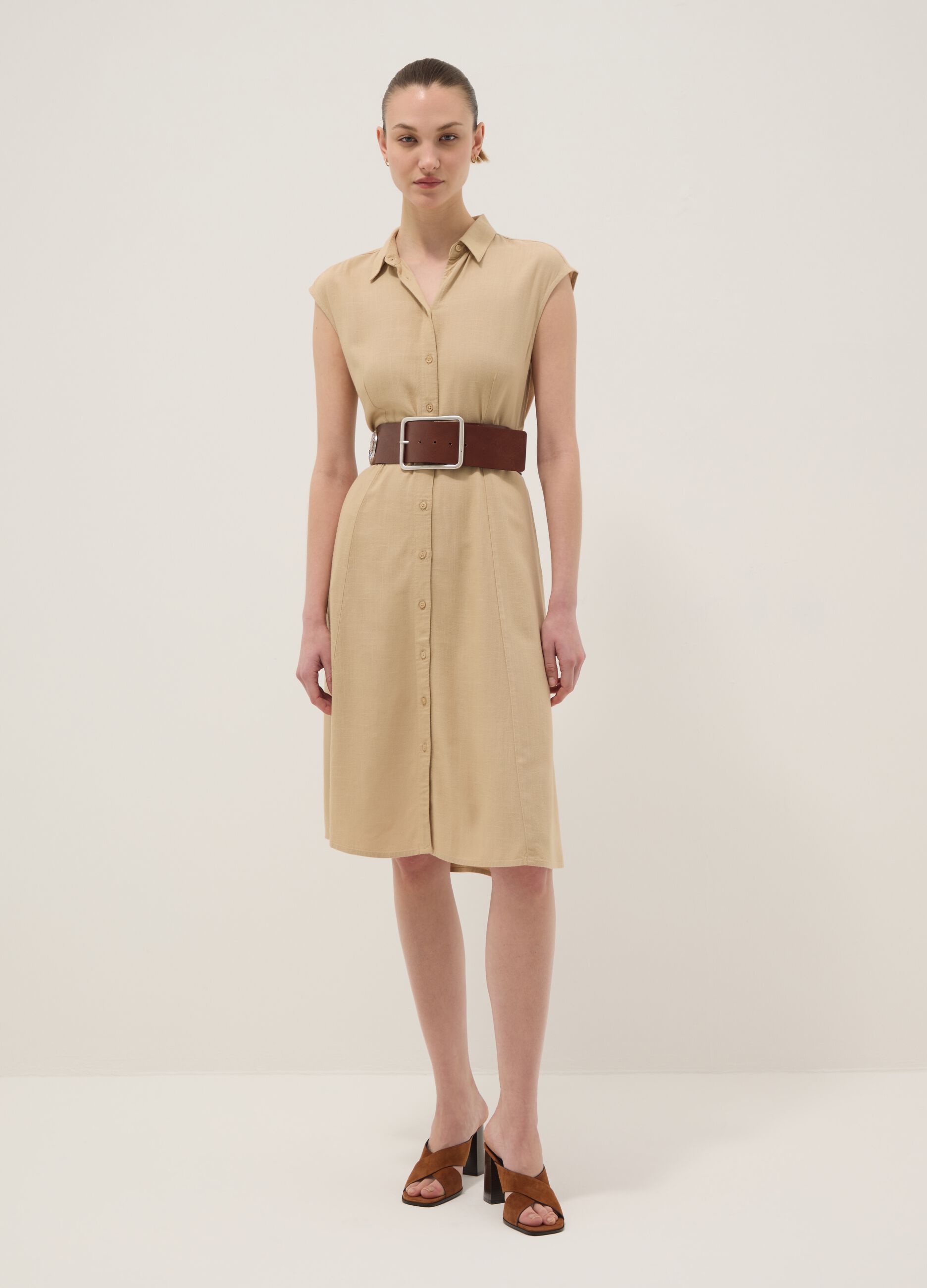 Beige viscose and linen-blend shirt dress, regular fit