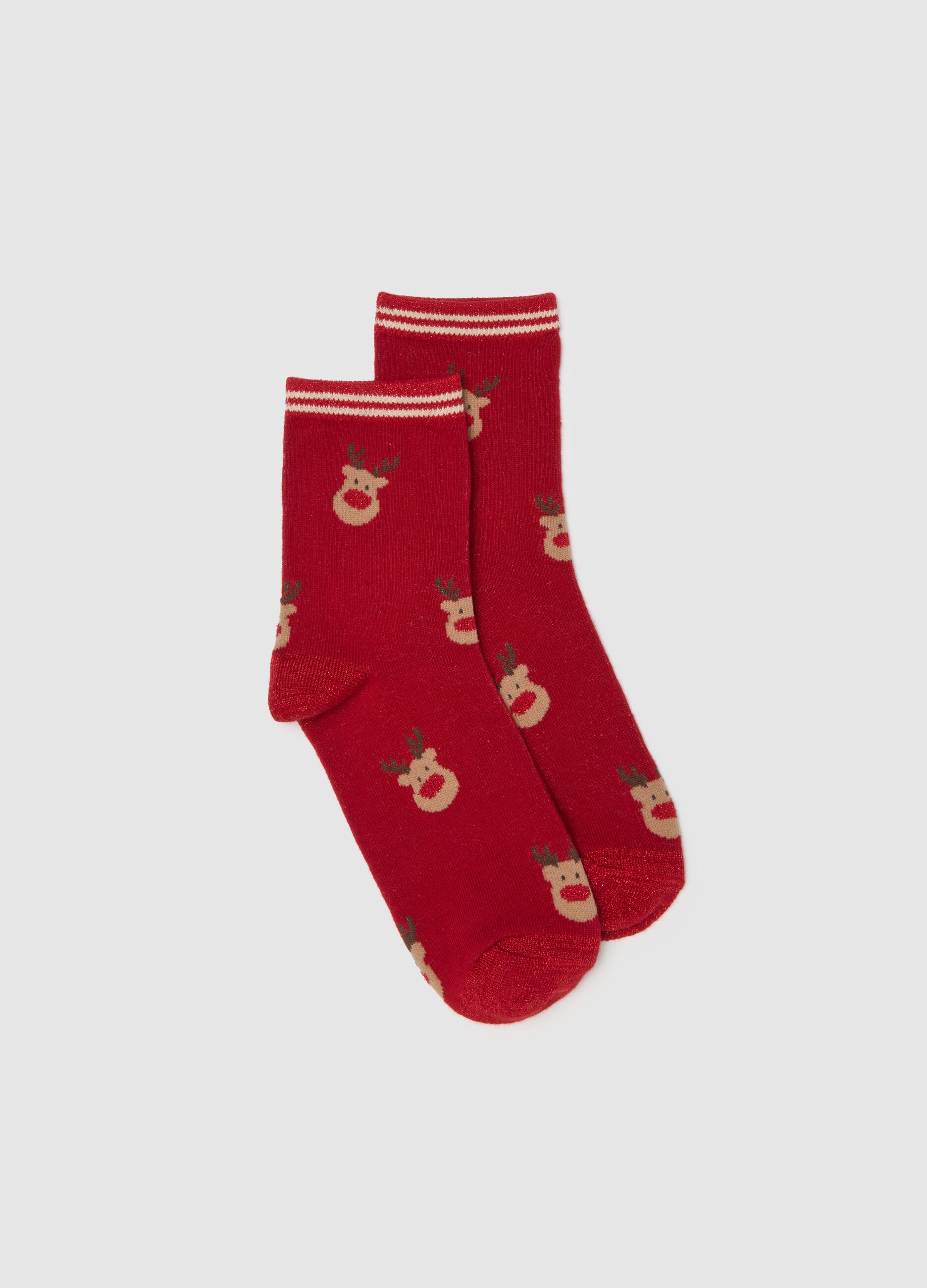 Red Cotton Blend Christmas Socks with Print