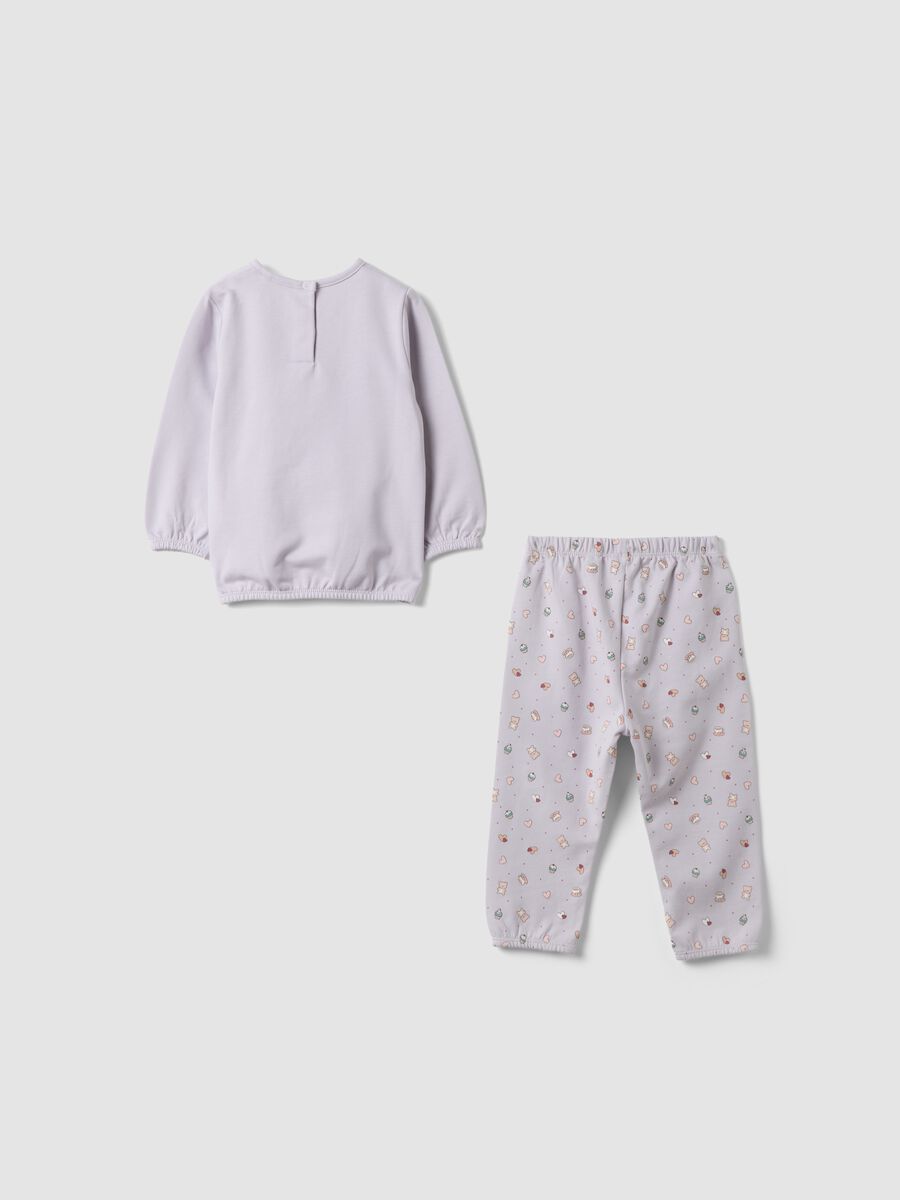 Purple organic cotton pyjamas with crew neck and teddy bear print_1