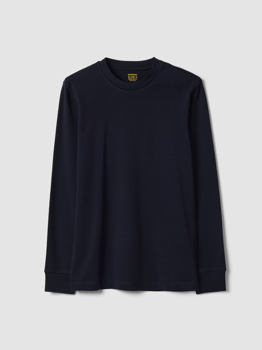 T-shirt blu in puro cotone girocollo a maniche lunghe regular fit_0