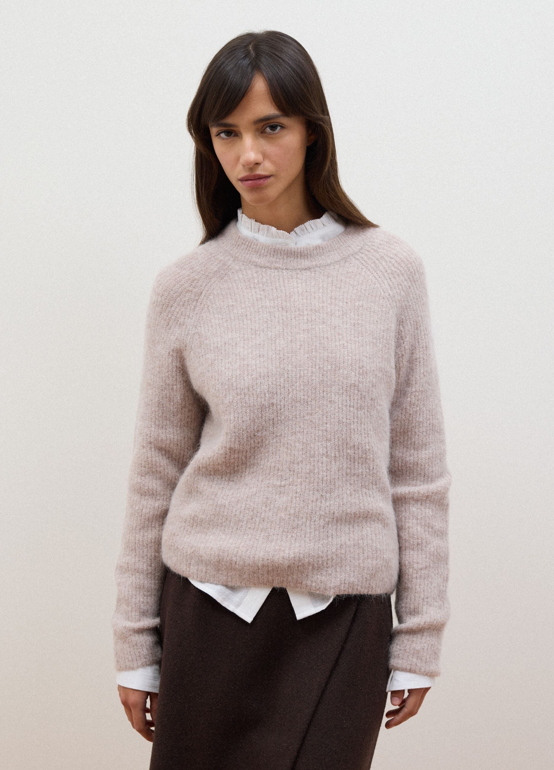 Beige alpaca and wool blend crew-neck jumper