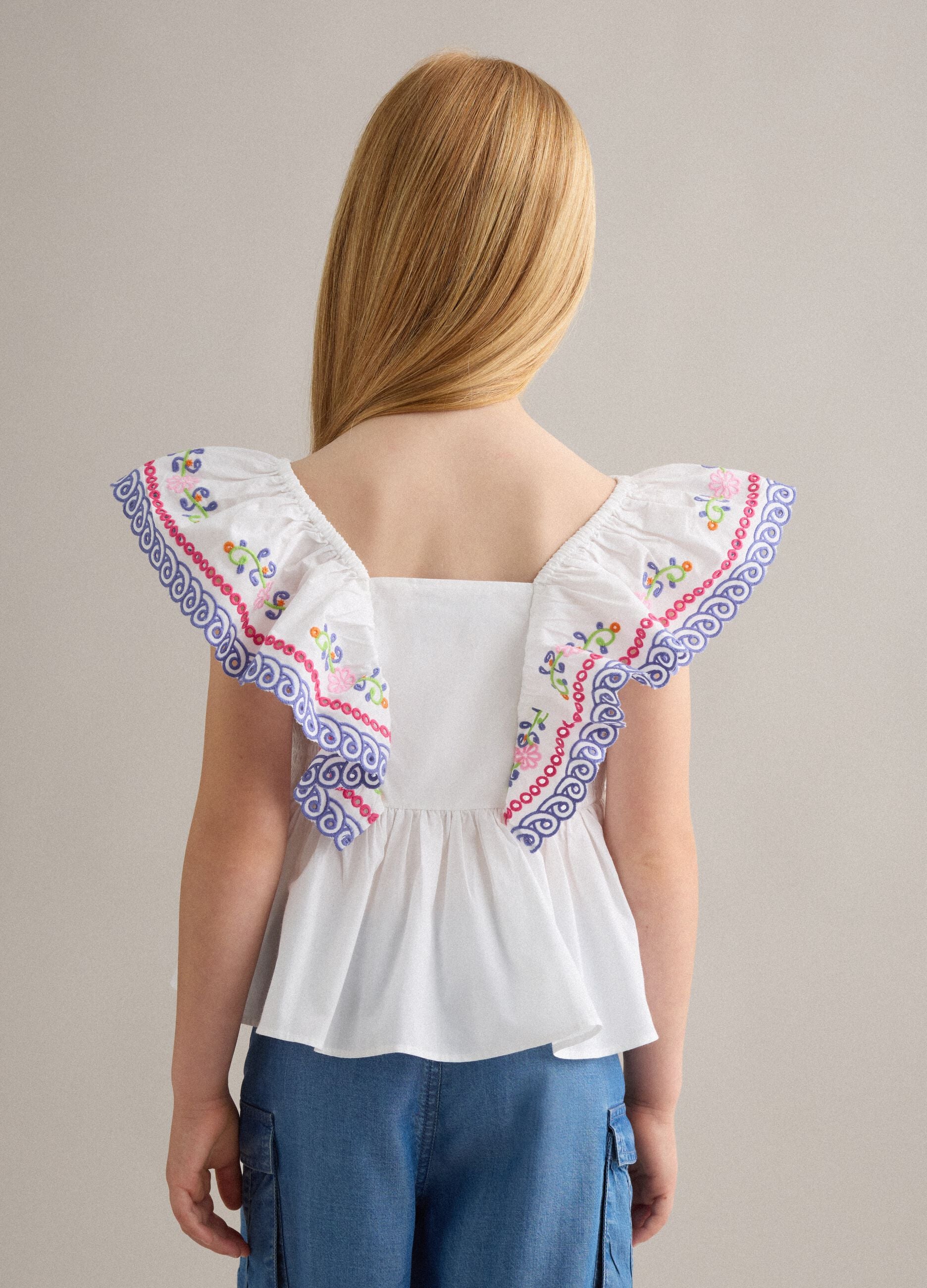 White pure cotton tank top with embroidered ruffle sleeves