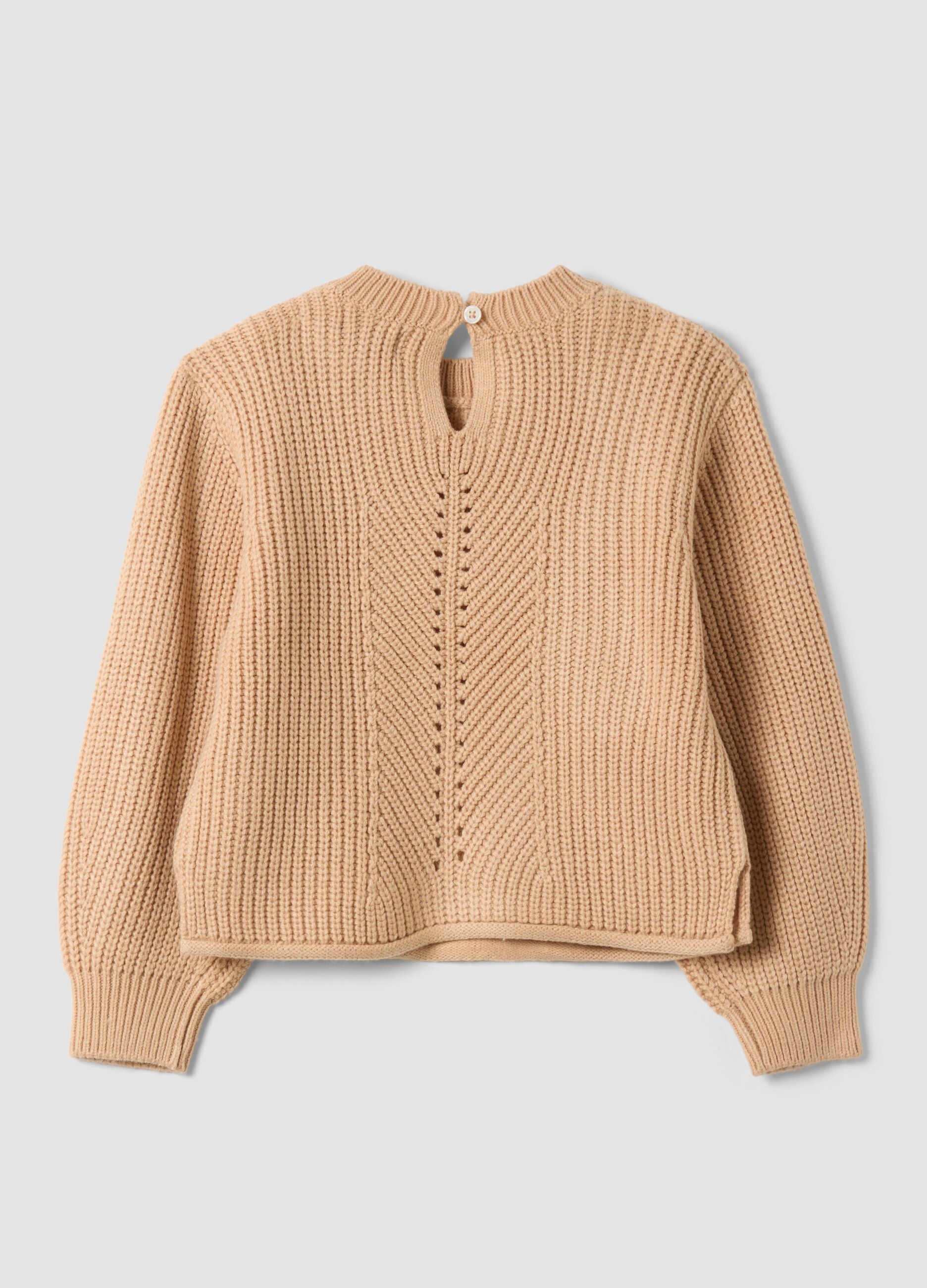 Beige knit jumper with openwork crew neck