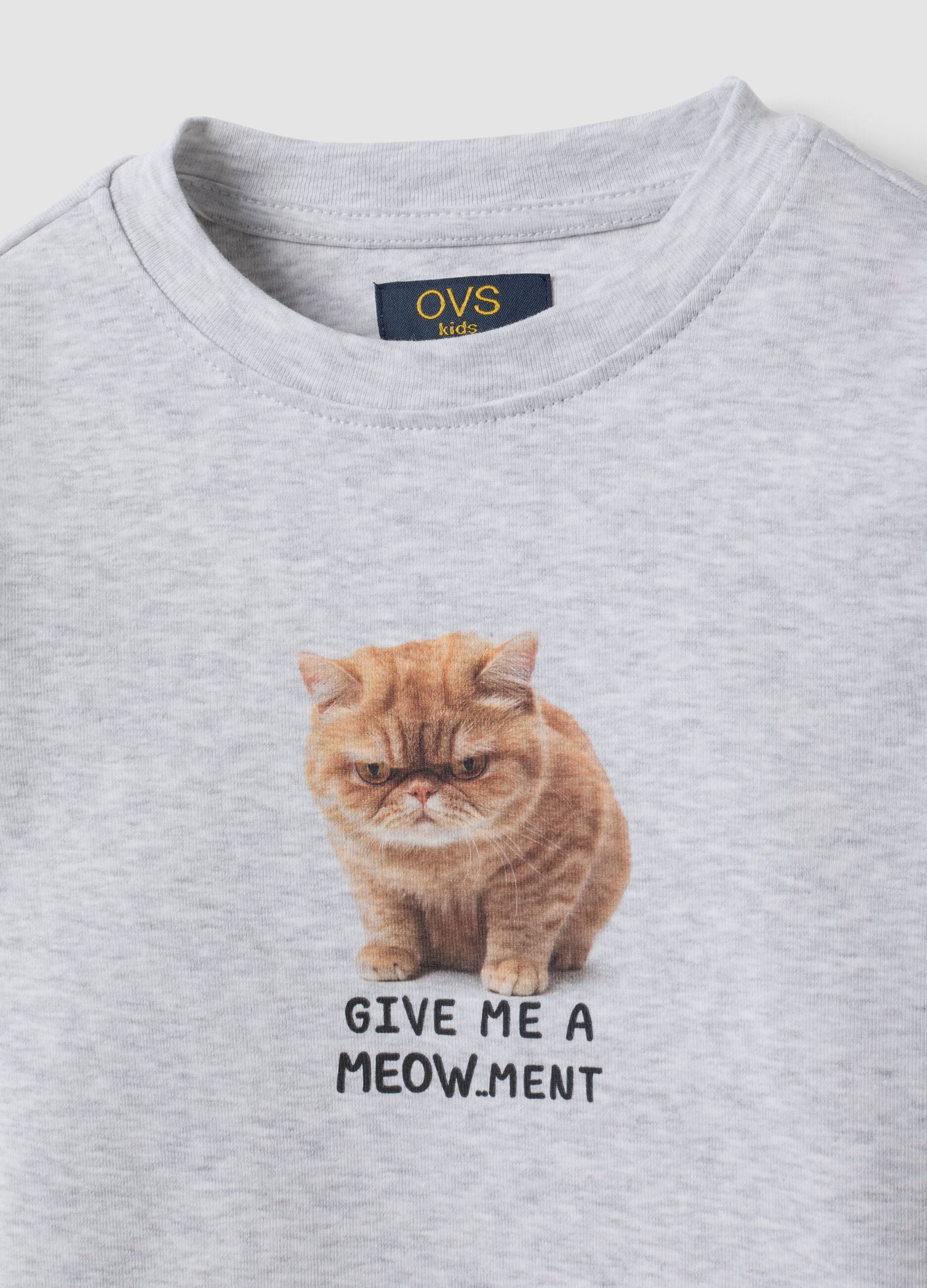 Grey stretch organic cotton T-shirt with ribbed neckline and cat print