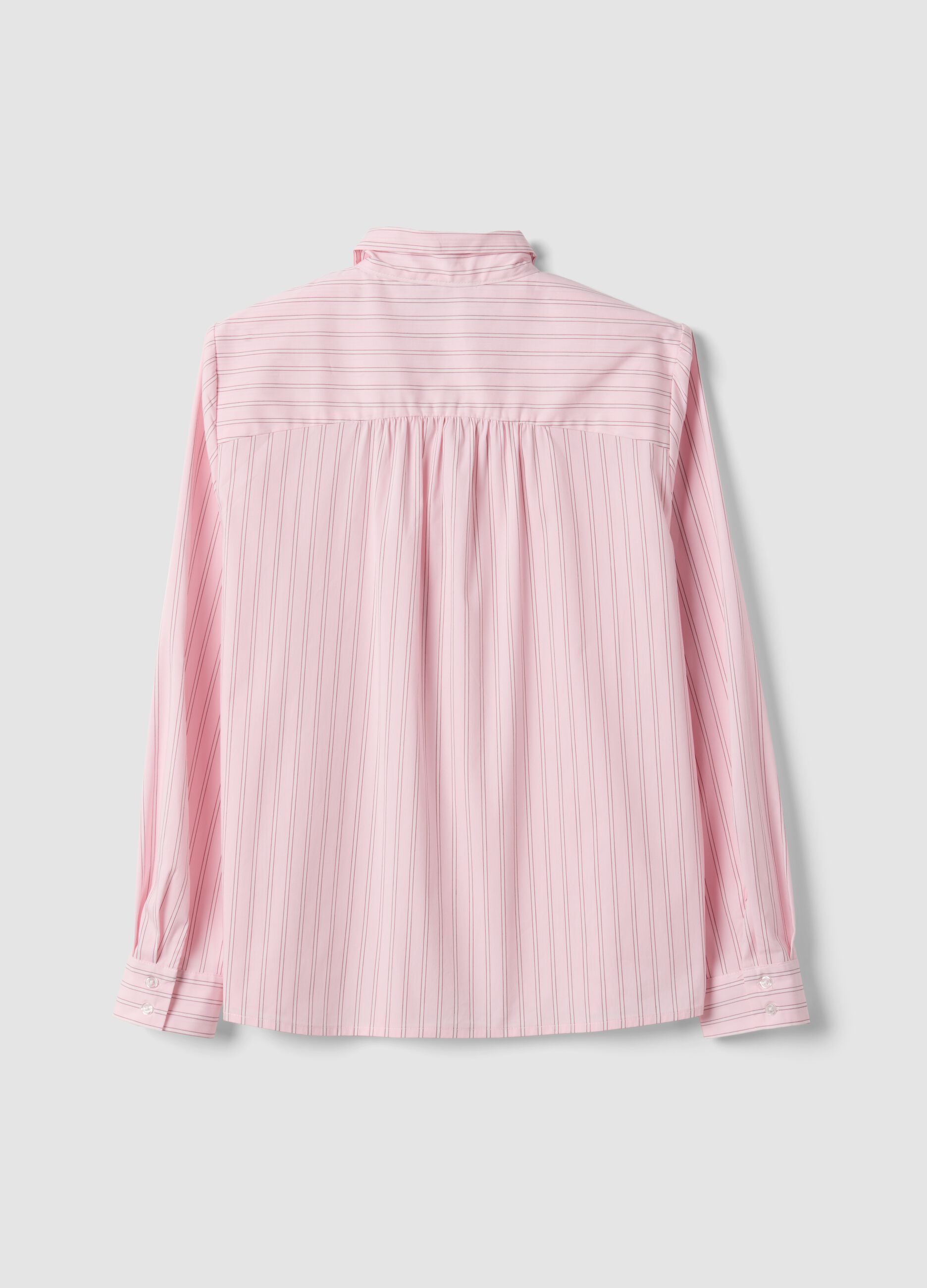 Camicia rosa in cotone elasticizzato a righe con fiocco over fit