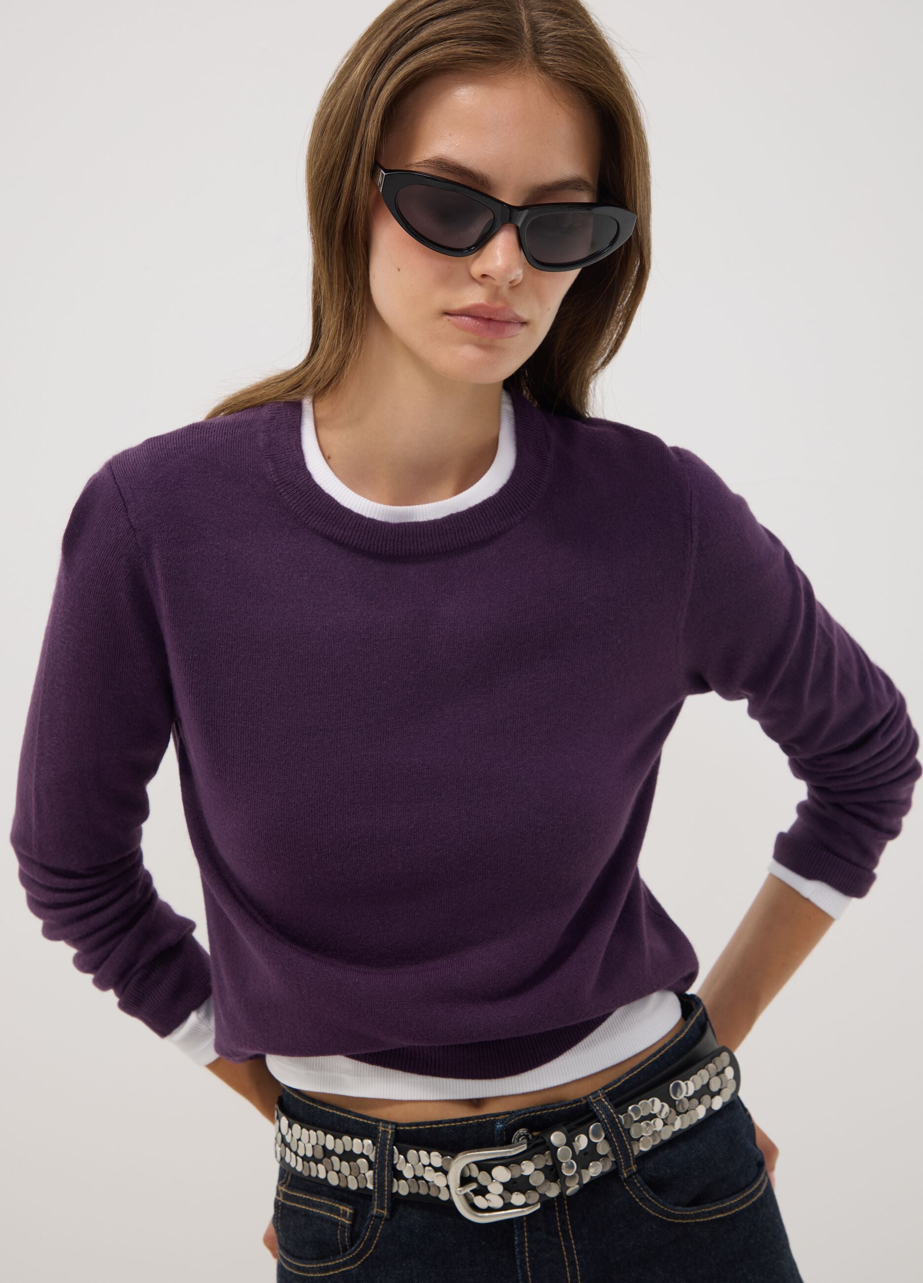 Maglia viola girocollo regular fit a maniche lunghe