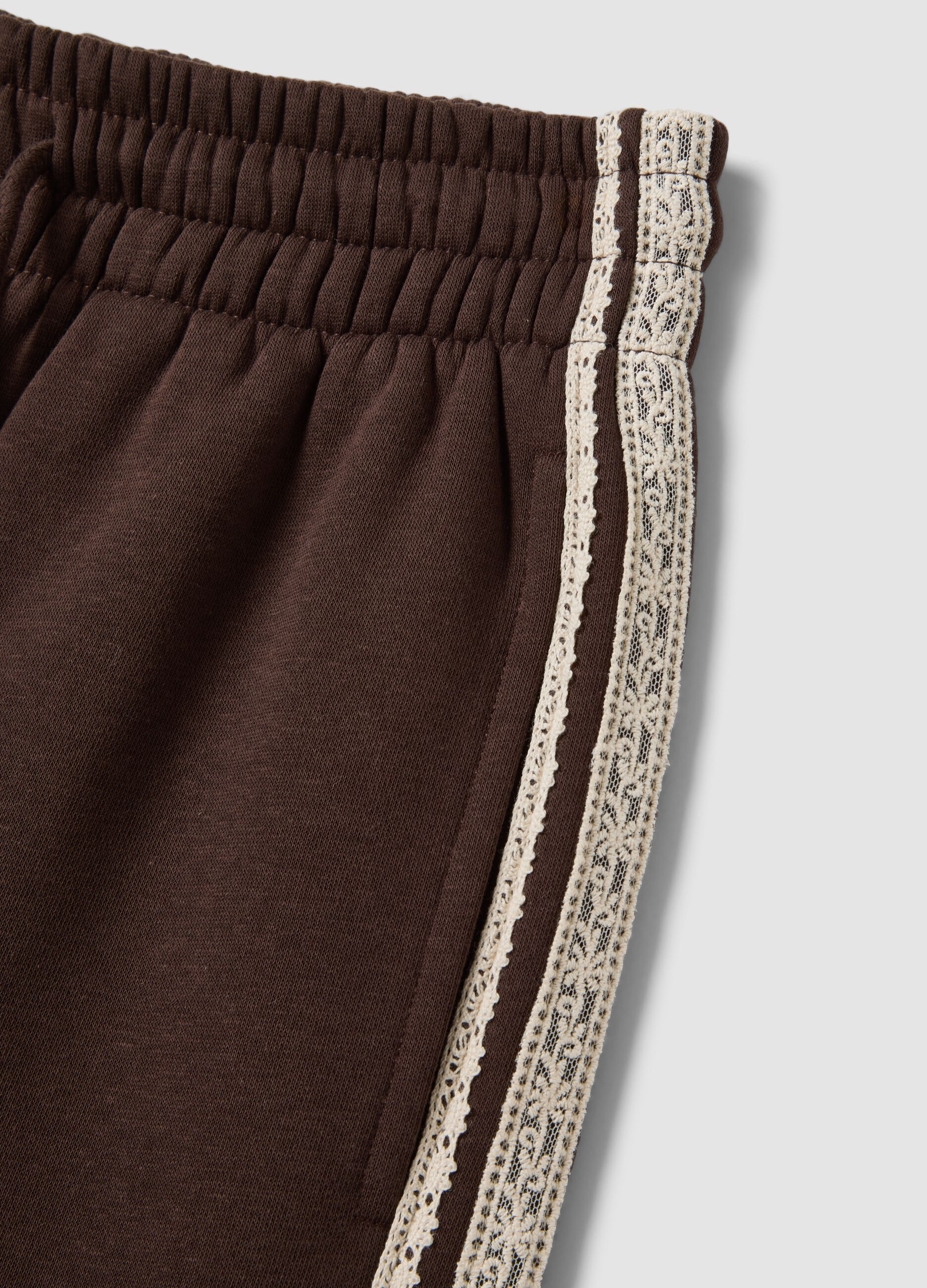 Brown cotton-blend wide-leg trousers with lace embroidery