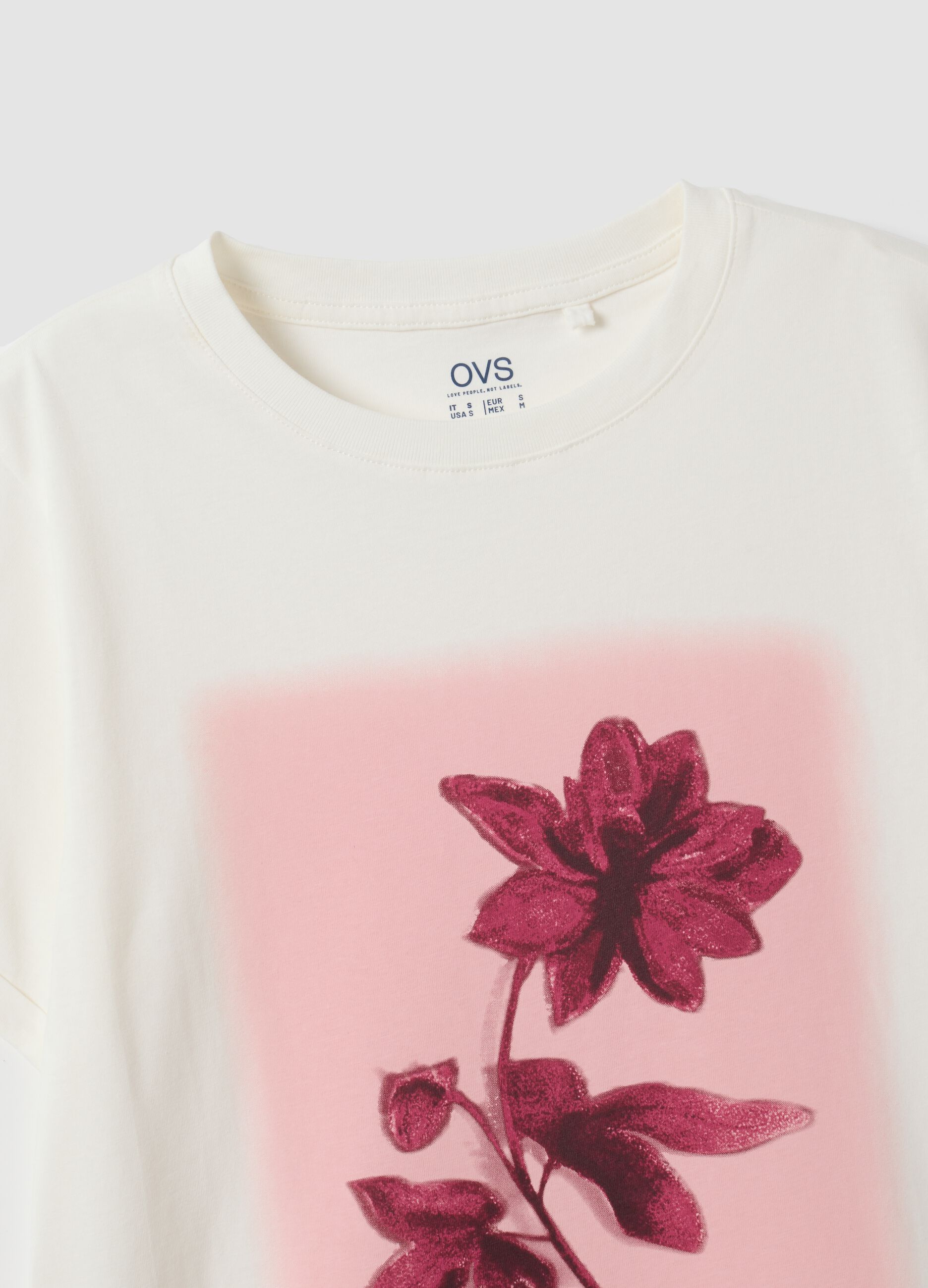 T-shirt bianca in puro cotone con girocollo e stampa floreale regular fit