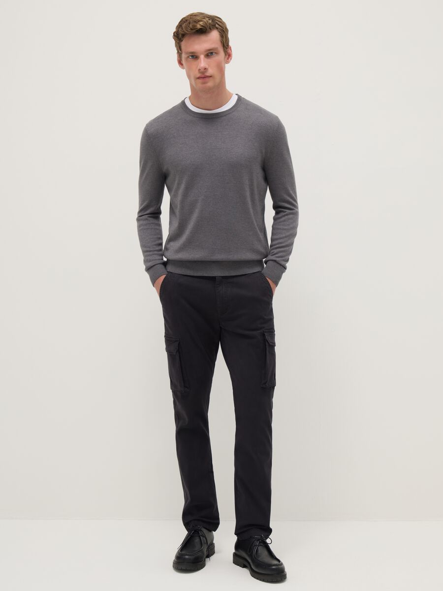 Black slim fit stretch cotton cargo trousers_0