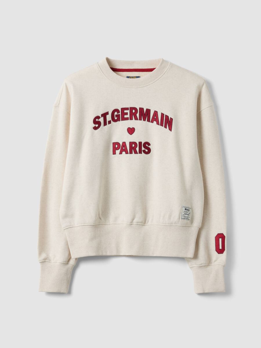 Beige cotton-blend crew-neck sweatshirt with Paris print for girls_0