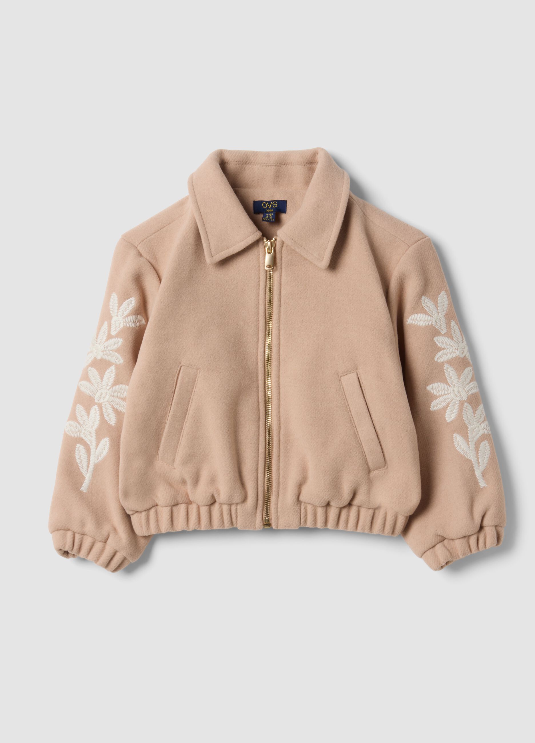 Beige wool-blend jacket with zip and floral embroidery