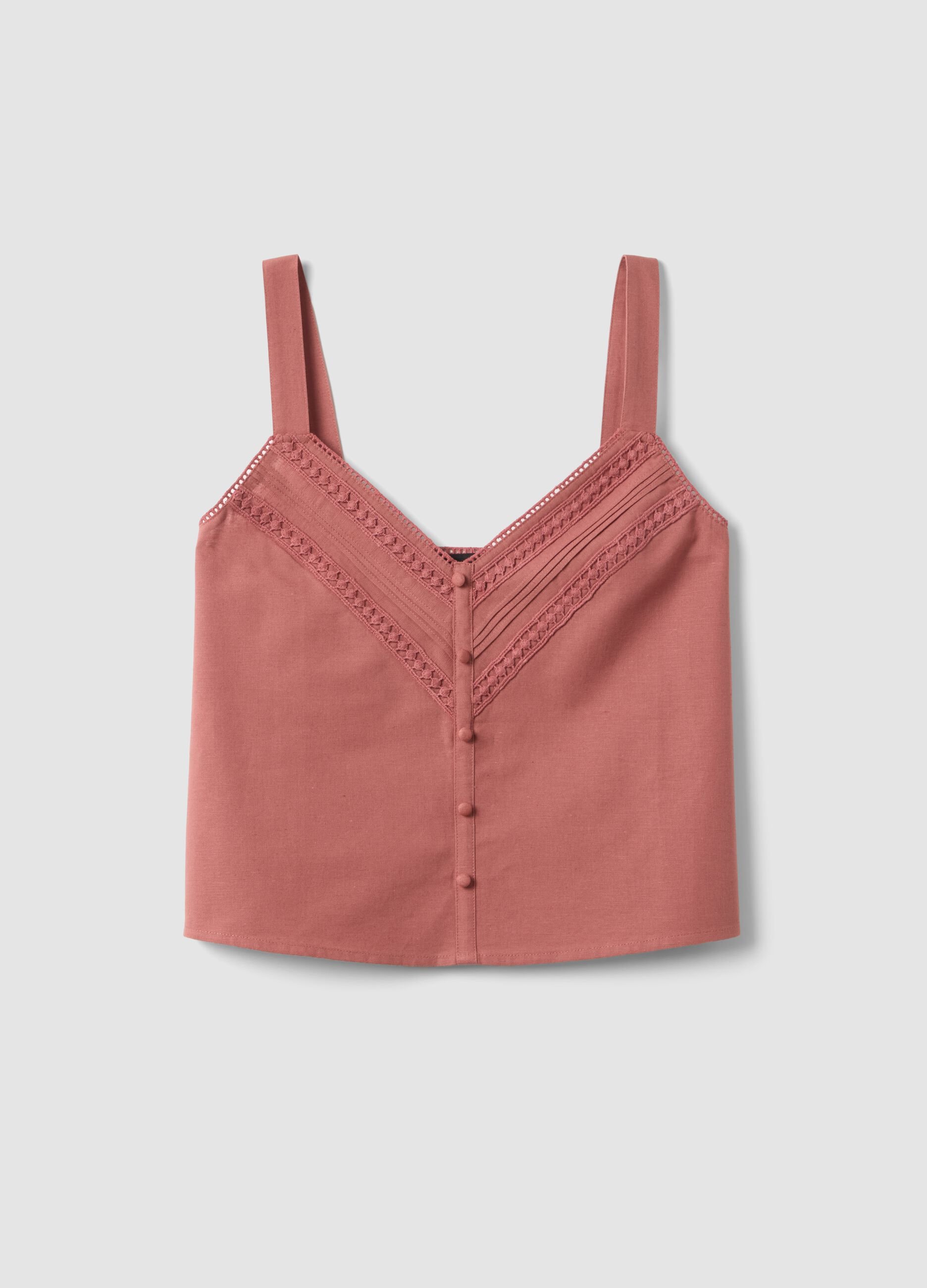 Pink regular fit cotton-linen blend top with lace details