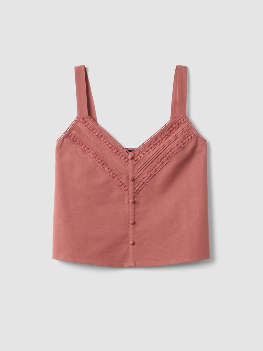 Pink regular fit cotton-linen blend top with lace details_0