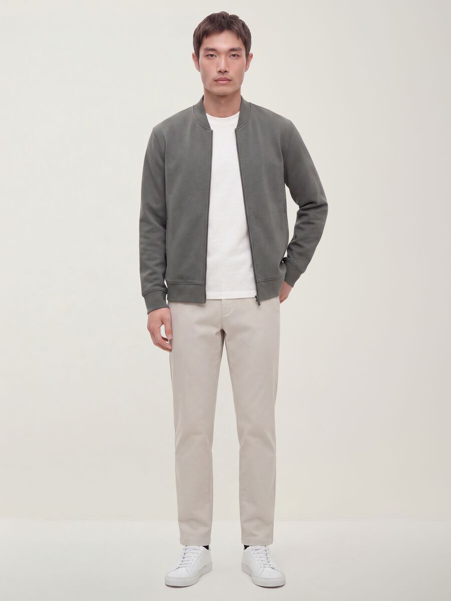 Grey full-zip piqu&eacute; sweatshirt in stretch fabric with ribbed collar_1