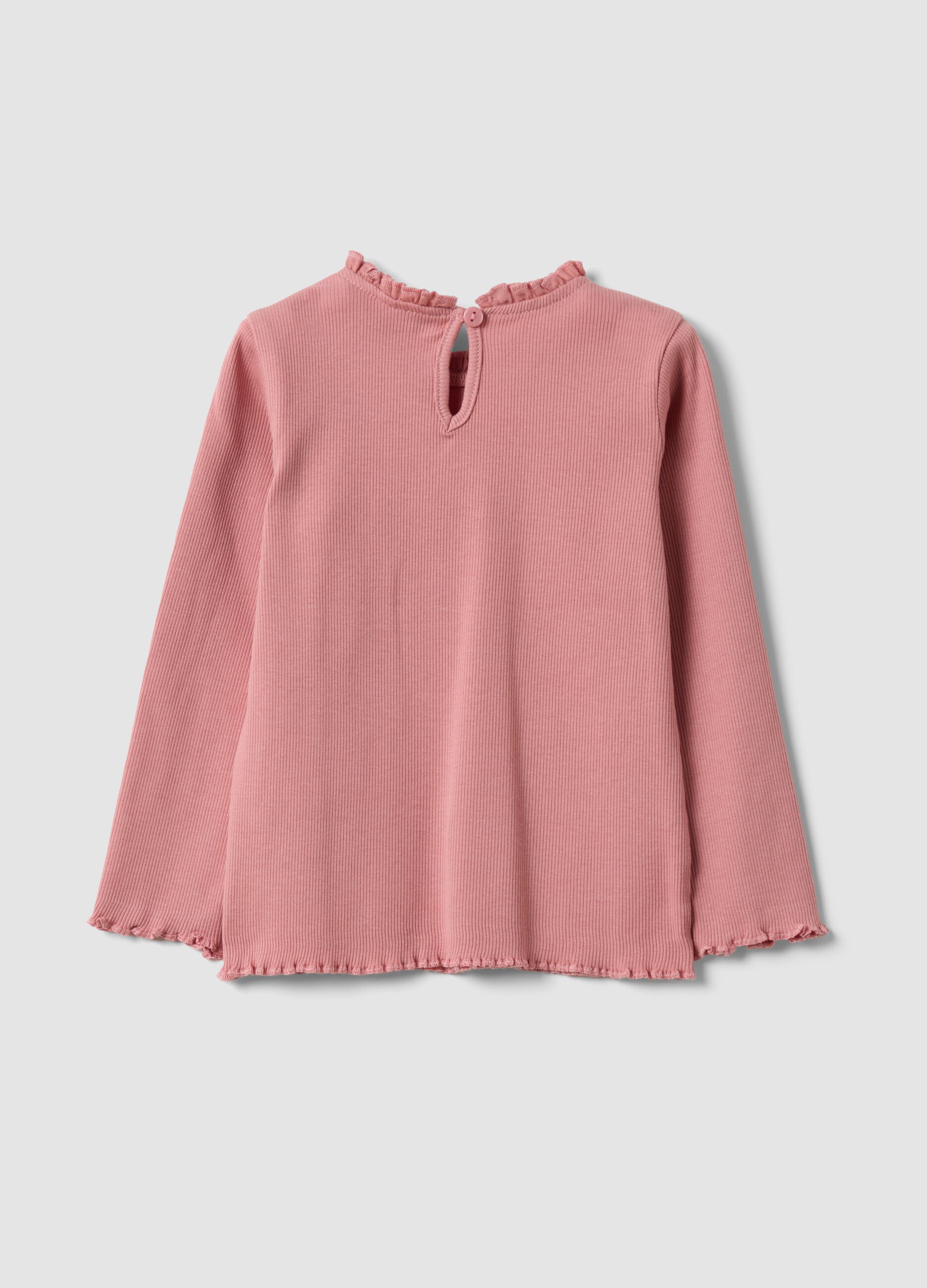 Pink ribbed crew-neck top in stretch organic cotton