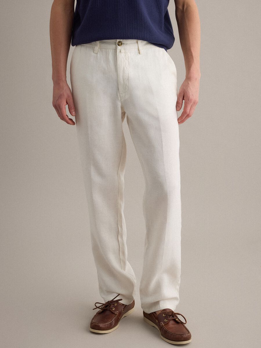 White pure linen chino trousers, regular fit_1