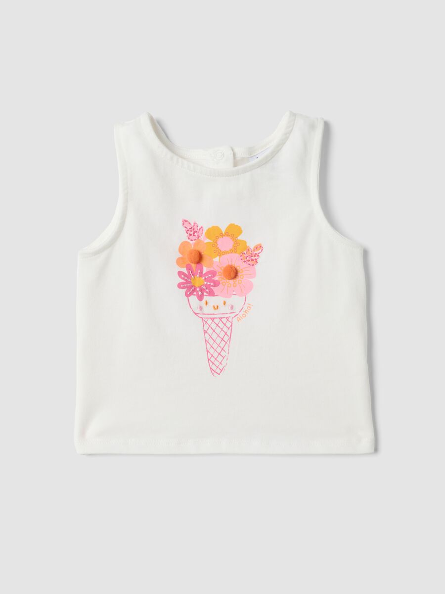 White fitted stretch cotton tank top with floral print for baby girl_0