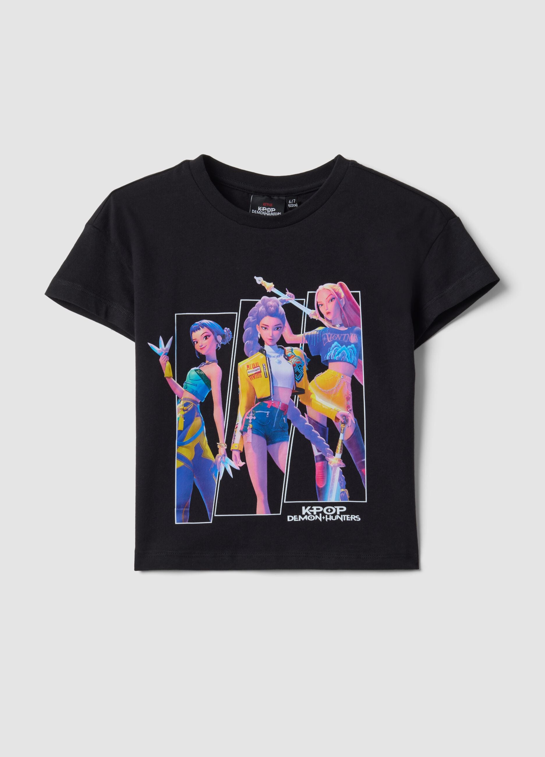 Schwarzes T-Shirt aus reiner Baumwolle mit K-Pop Demon Hunters Print f&uuml;r M&auml;dchen
