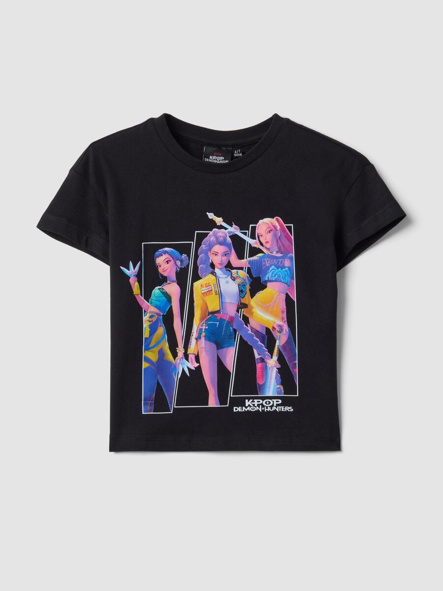 Schwarzes T-Shirt aus reiner Baumwolle mit K-Pop Demon Hunters Print f&uuml;r M&auml;dchen_0