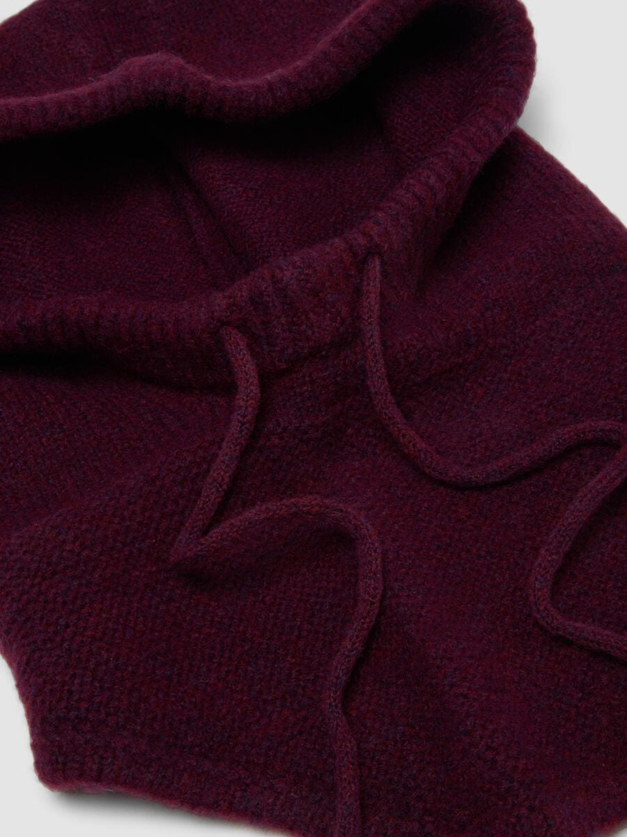 Burgundy stretch wool hood with tie cords_1