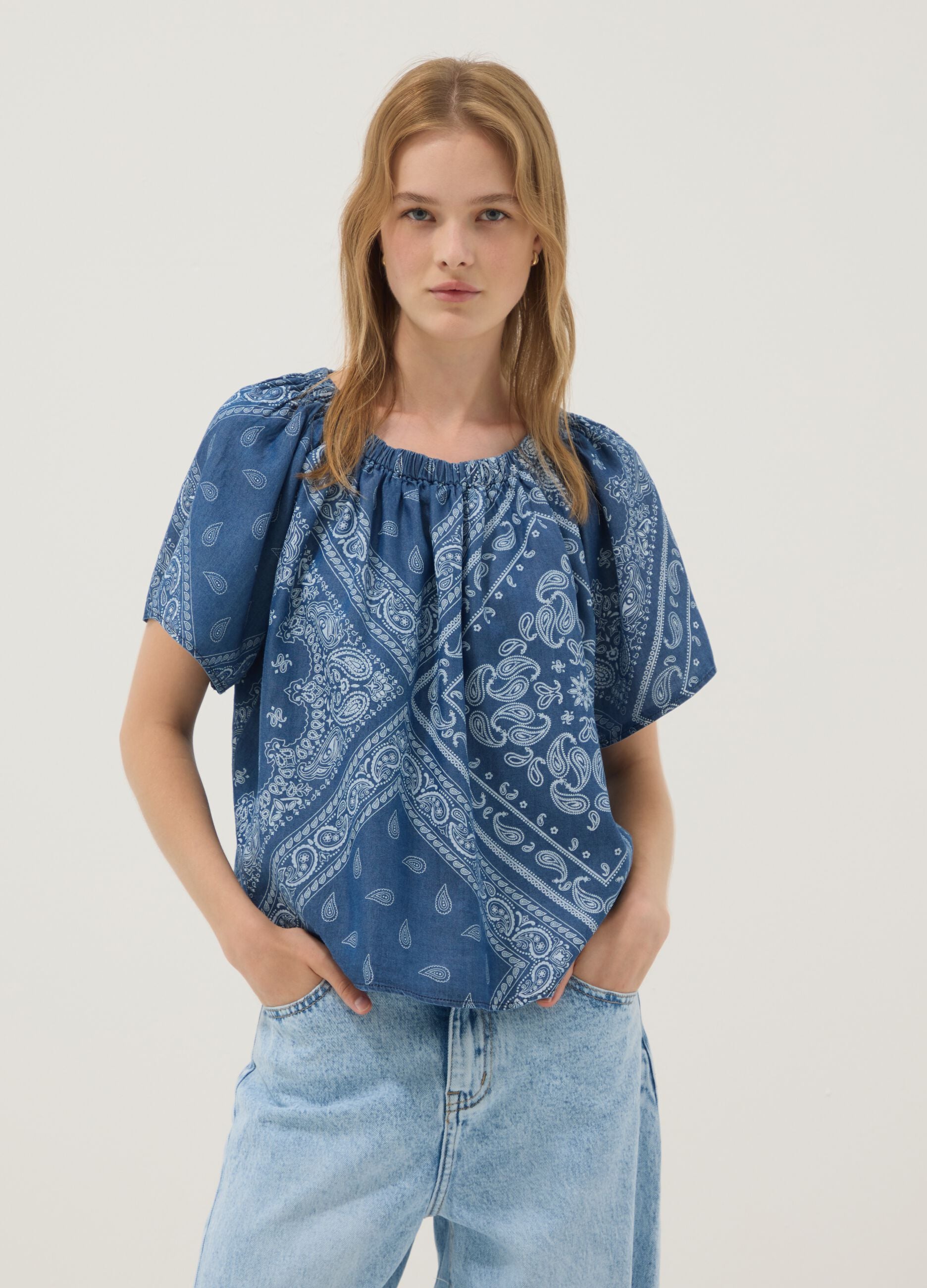 Blue pure lyocell paisley print blouse, regular fit
