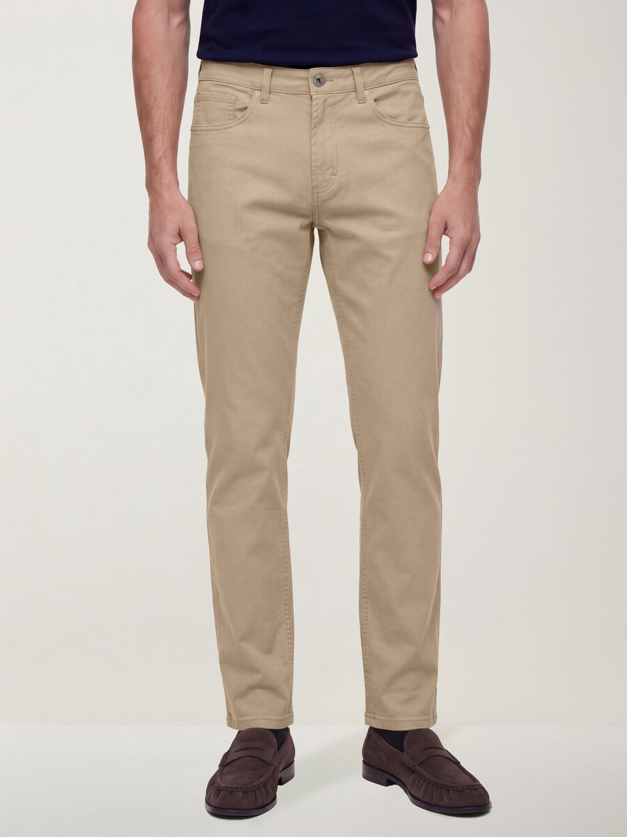 Beige regular-fit stretch cotton twill trousers_1