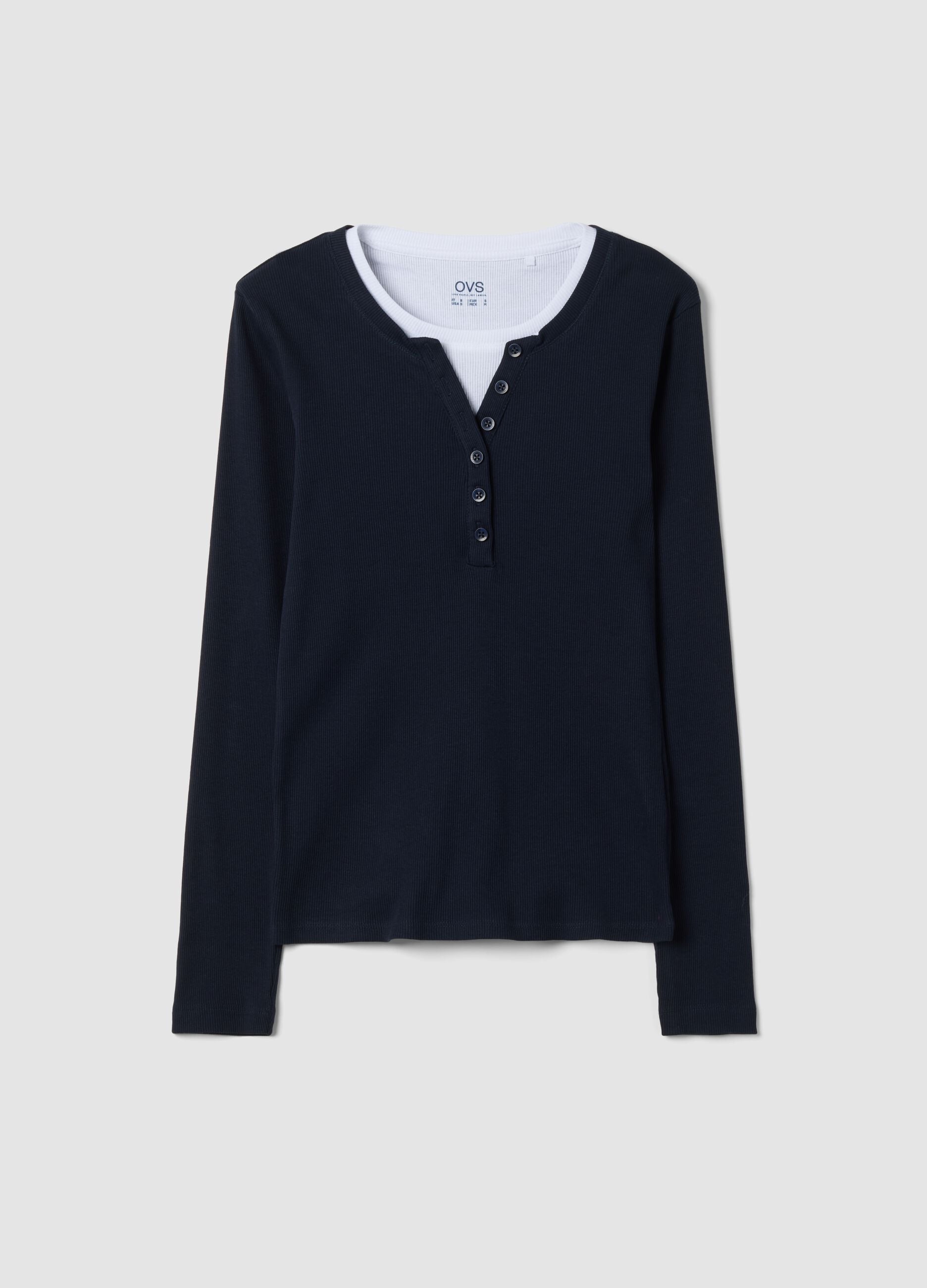 Blue long-sleeved pure cotton crew-neck T-shirt
