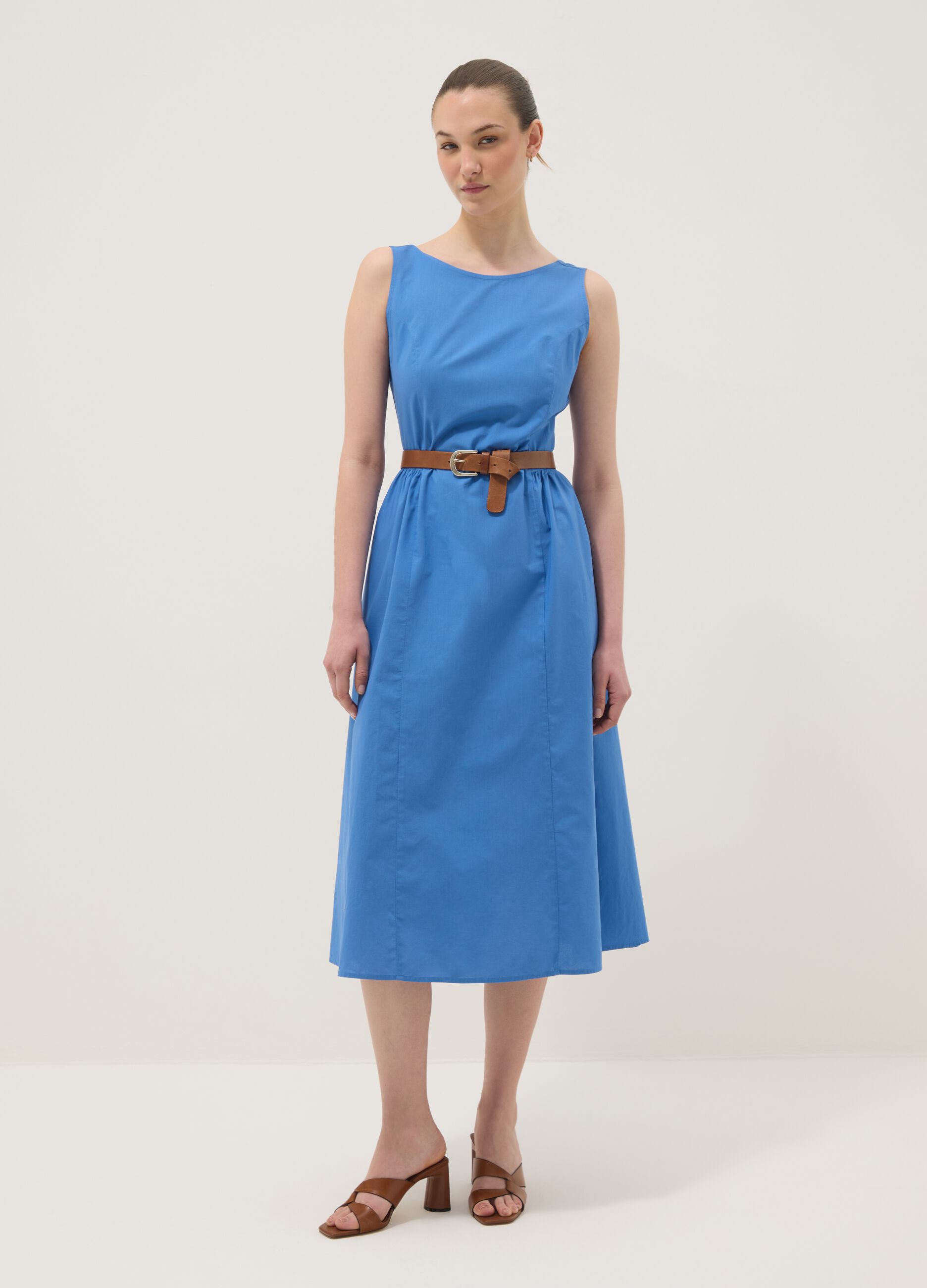 Blue pure cotton dress with boat neckline