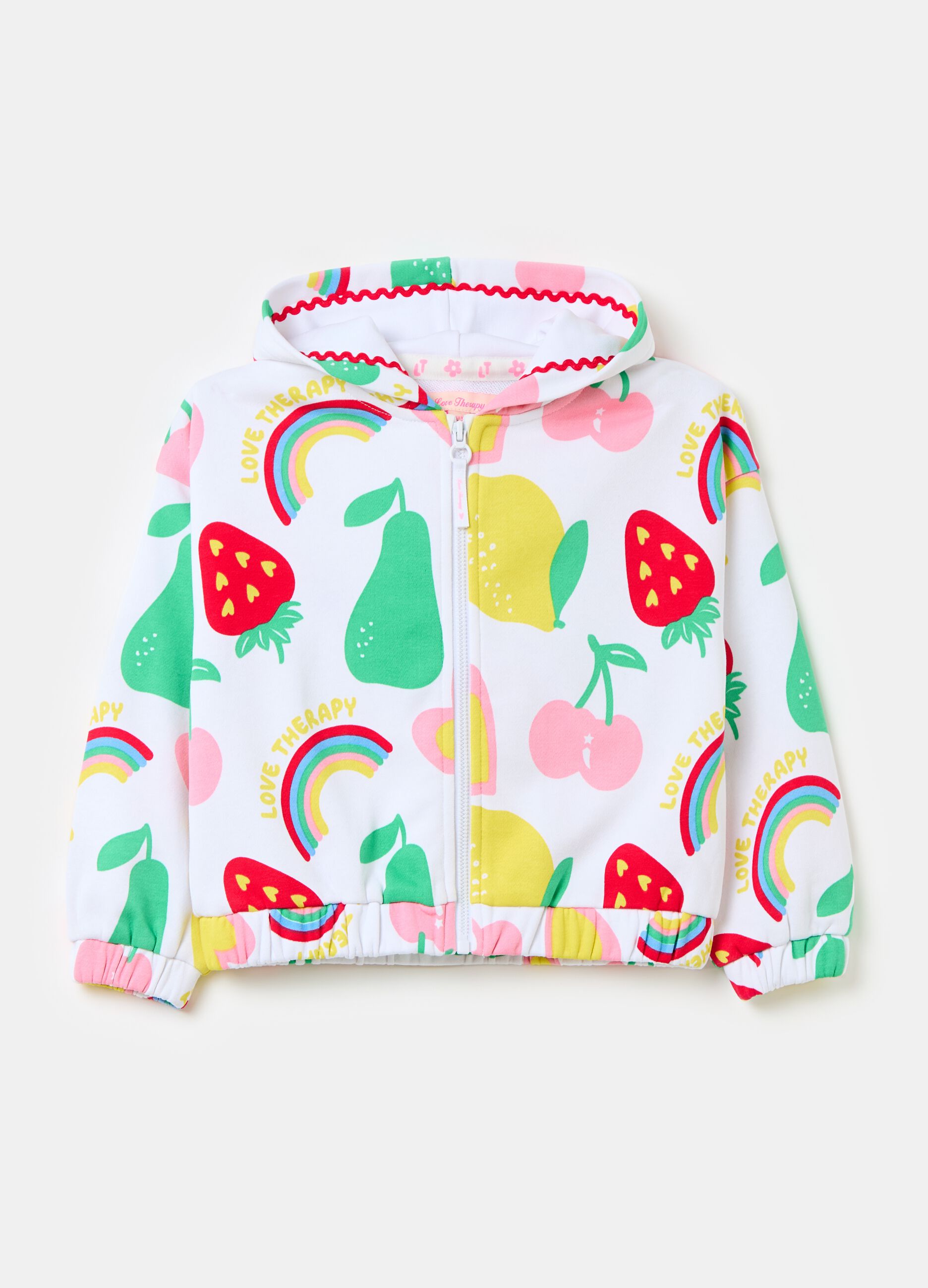 Full-zip sweatshirt with hood and fruit print