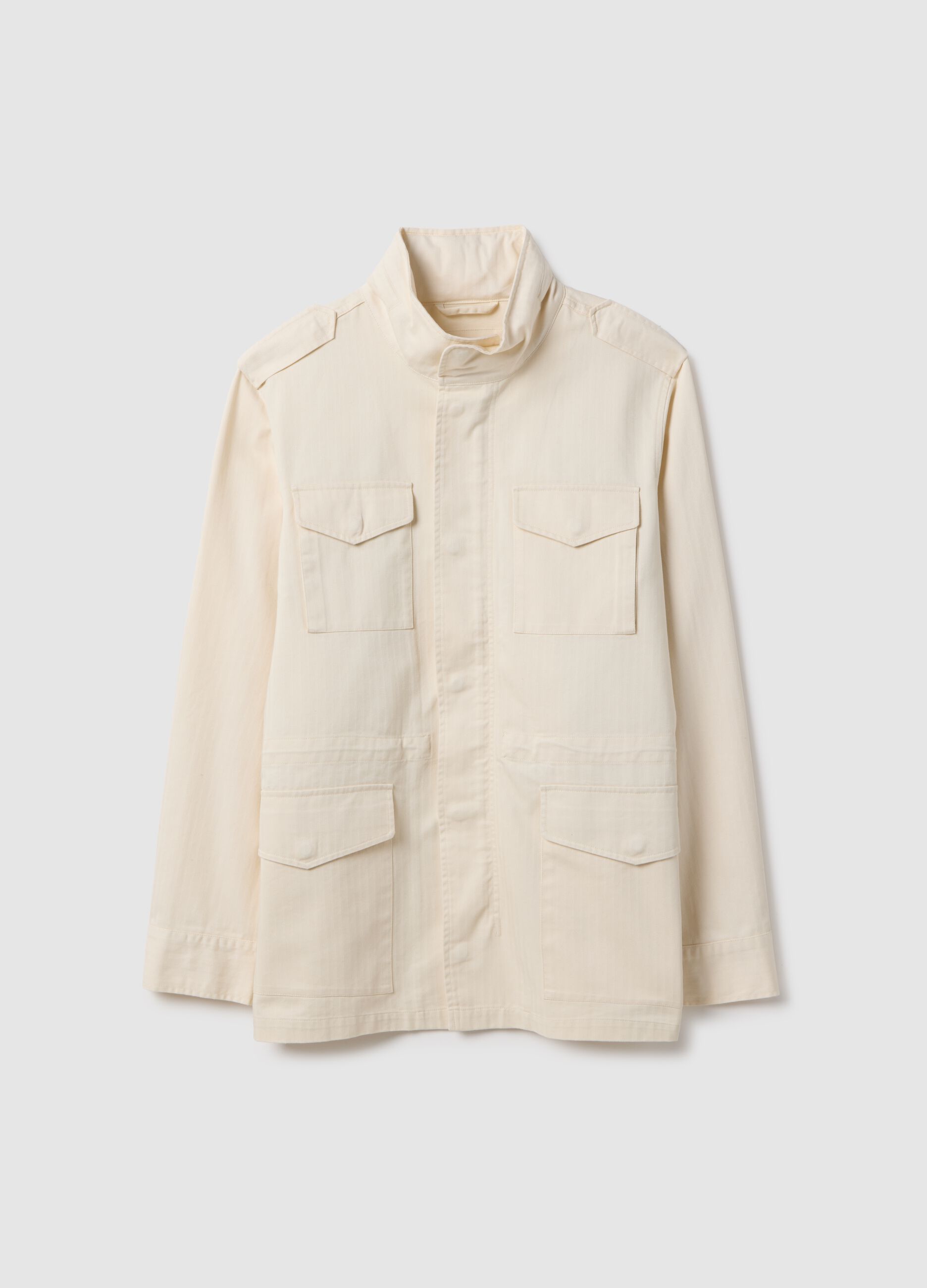 Beige cotton parka jacket, regular fit with pockets and zip