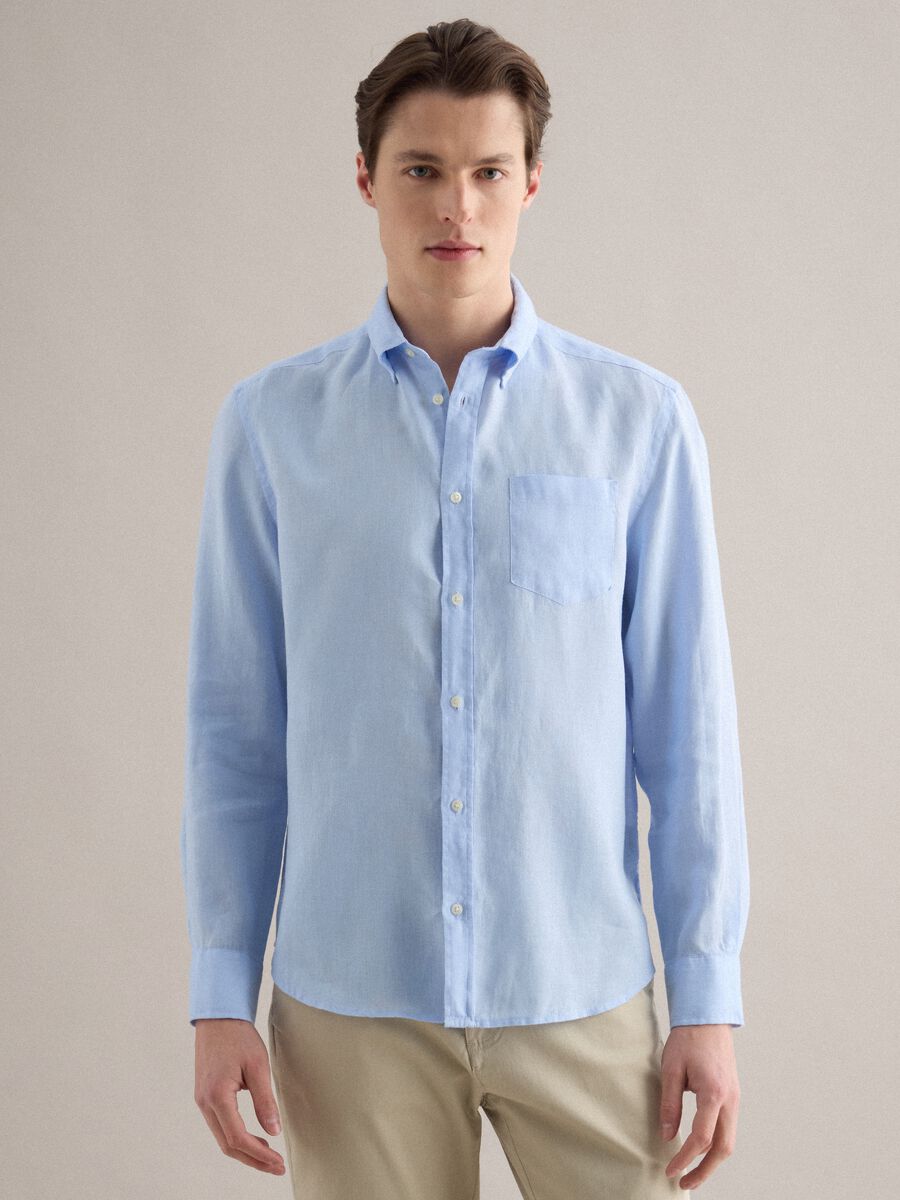 Light blue regular fit long-sleeve pure linen shirt_0