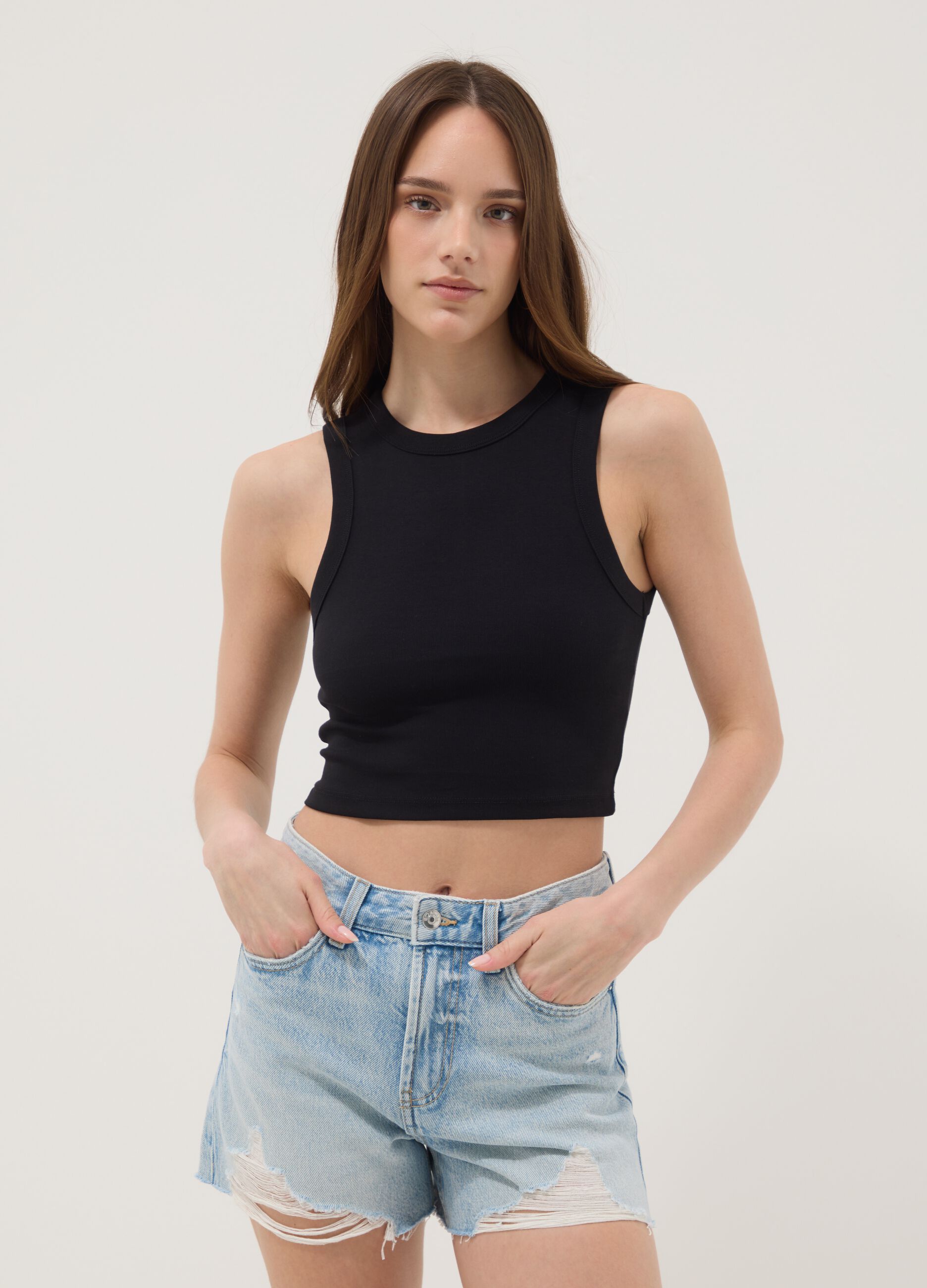 Schwarzes Cropped-Tanktop aus Stretch-Baumwolle