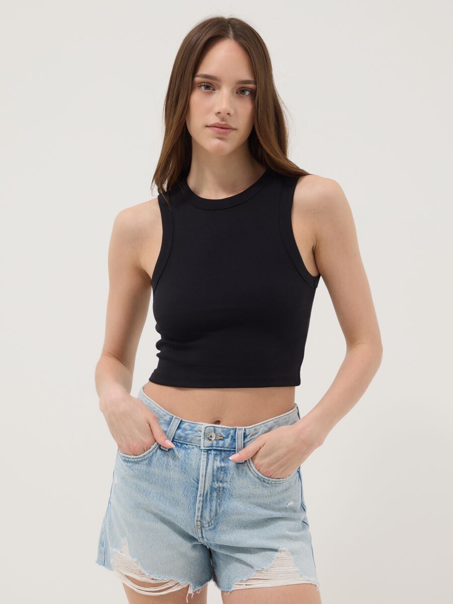 Schwarzes Cropped-Tanktop aus Stretch-Baumwolle_1