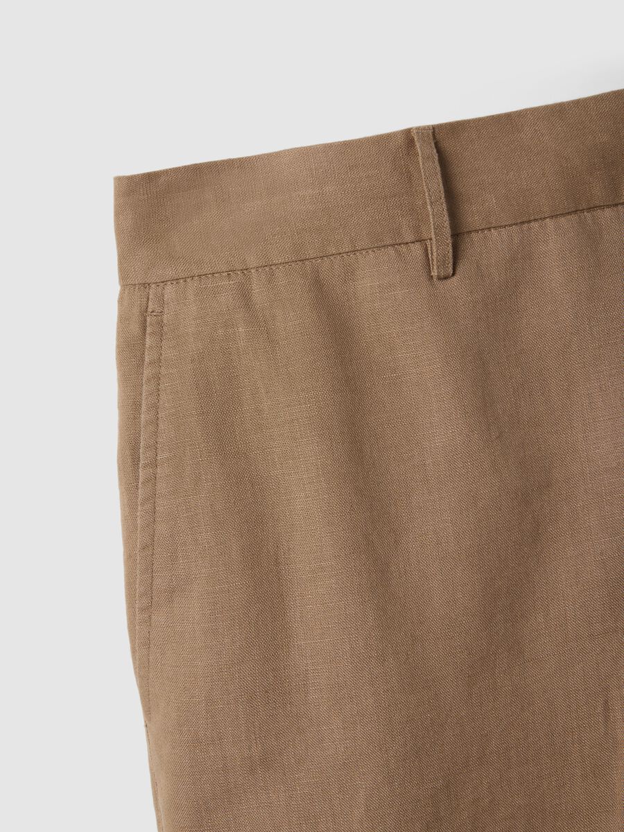 Regular Fit Braun Pure Leinen Bermuda Shorts_5