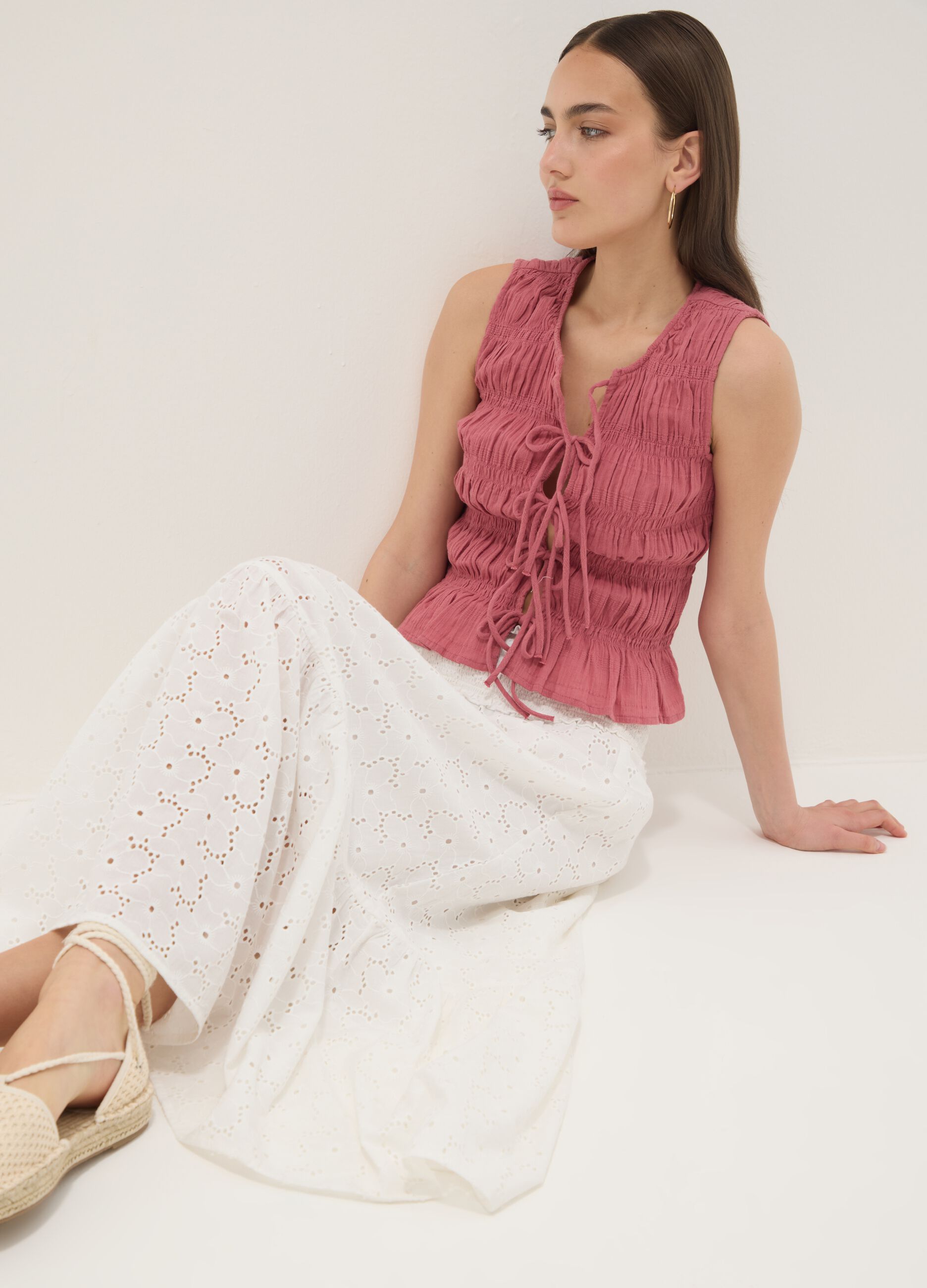 Long white broderie anglaise skirt in pure cotton