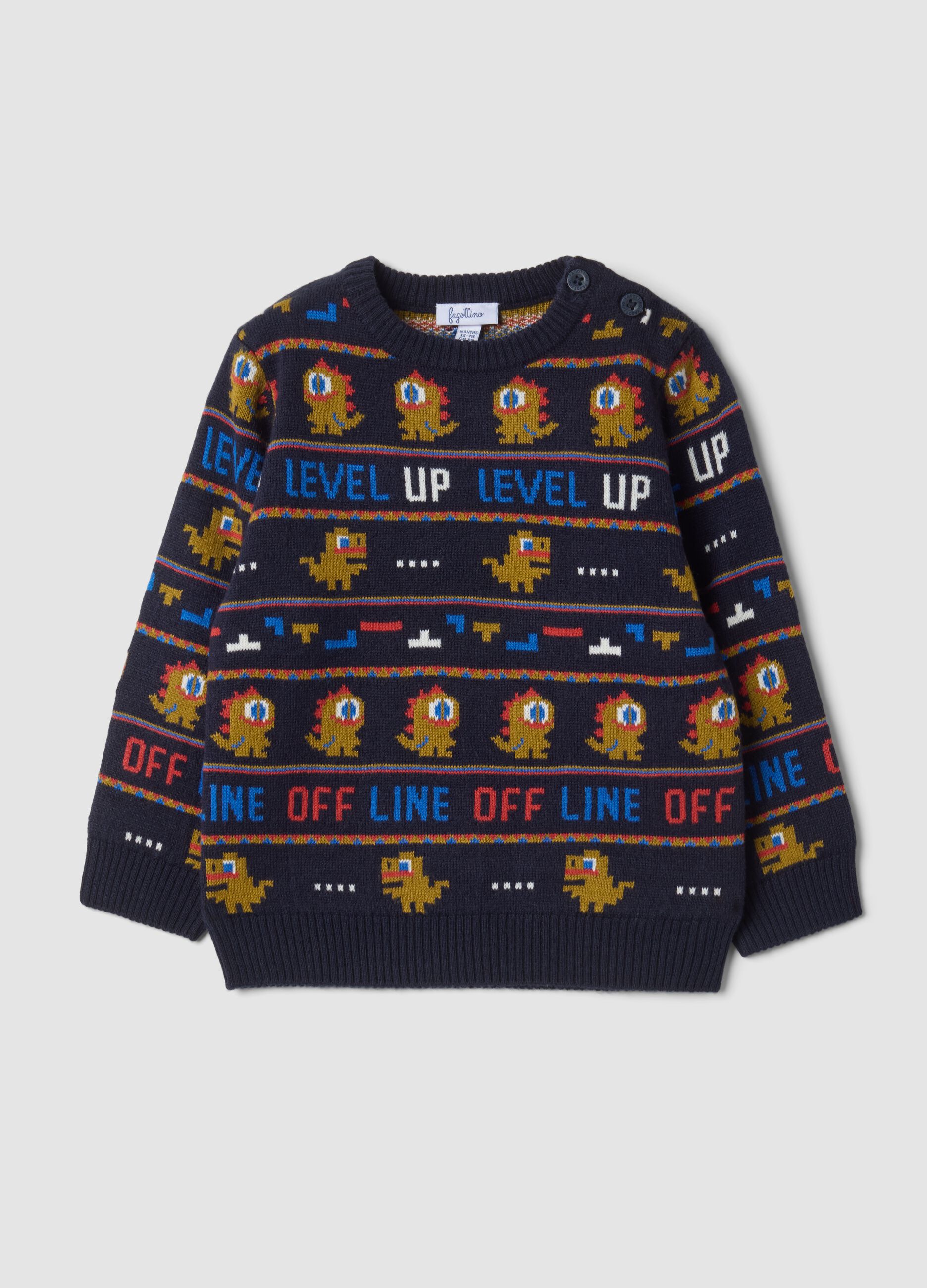 Blue crew-neck jacquard knit jumper, regular fit