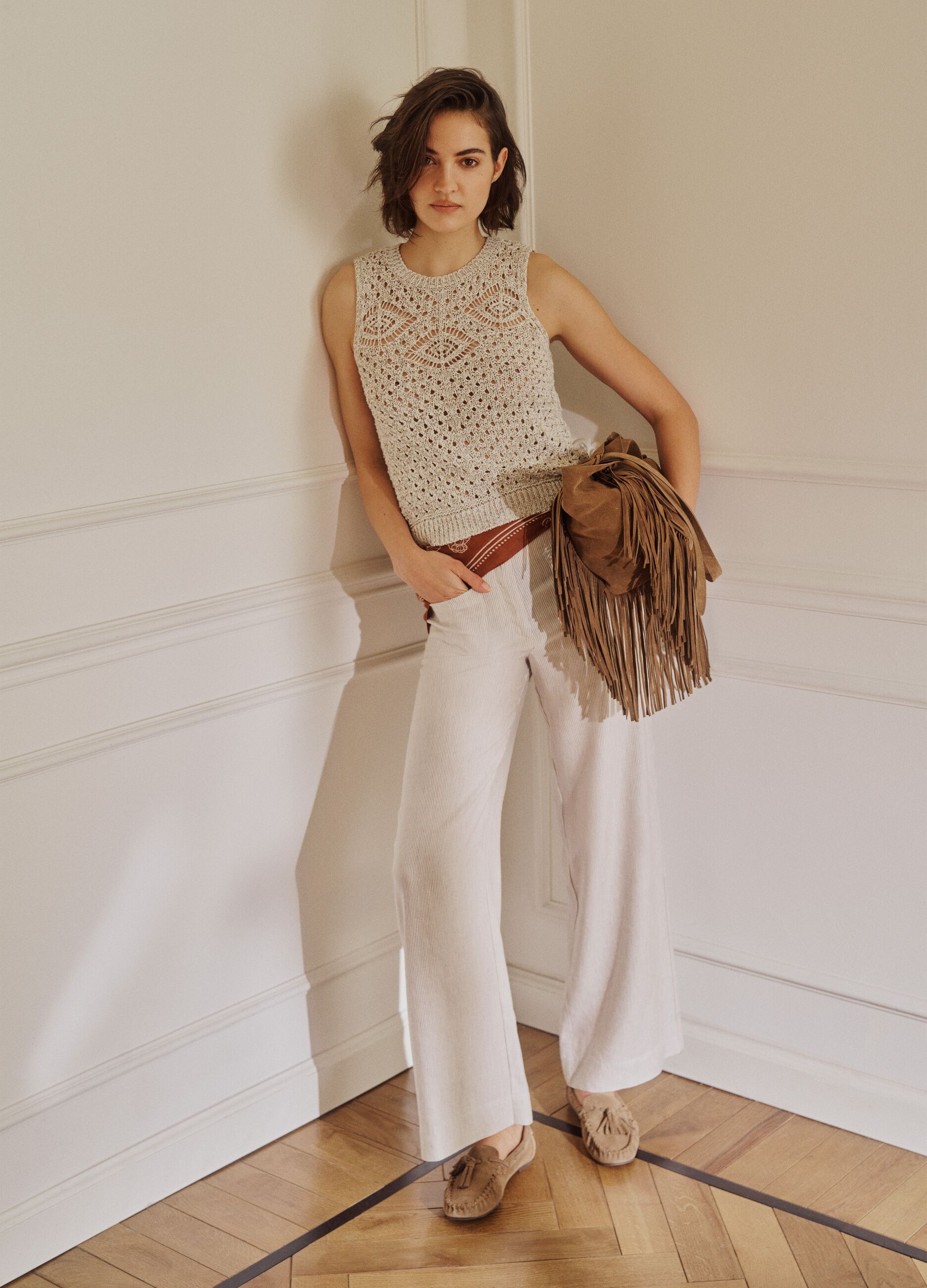 Beige, tailliertes Baumwollgemisch-Netzgilet