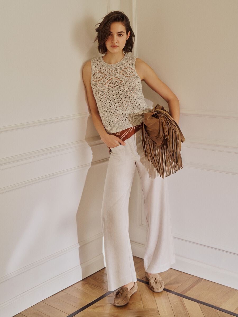 Fitted beige cotton blend mesh vest_0