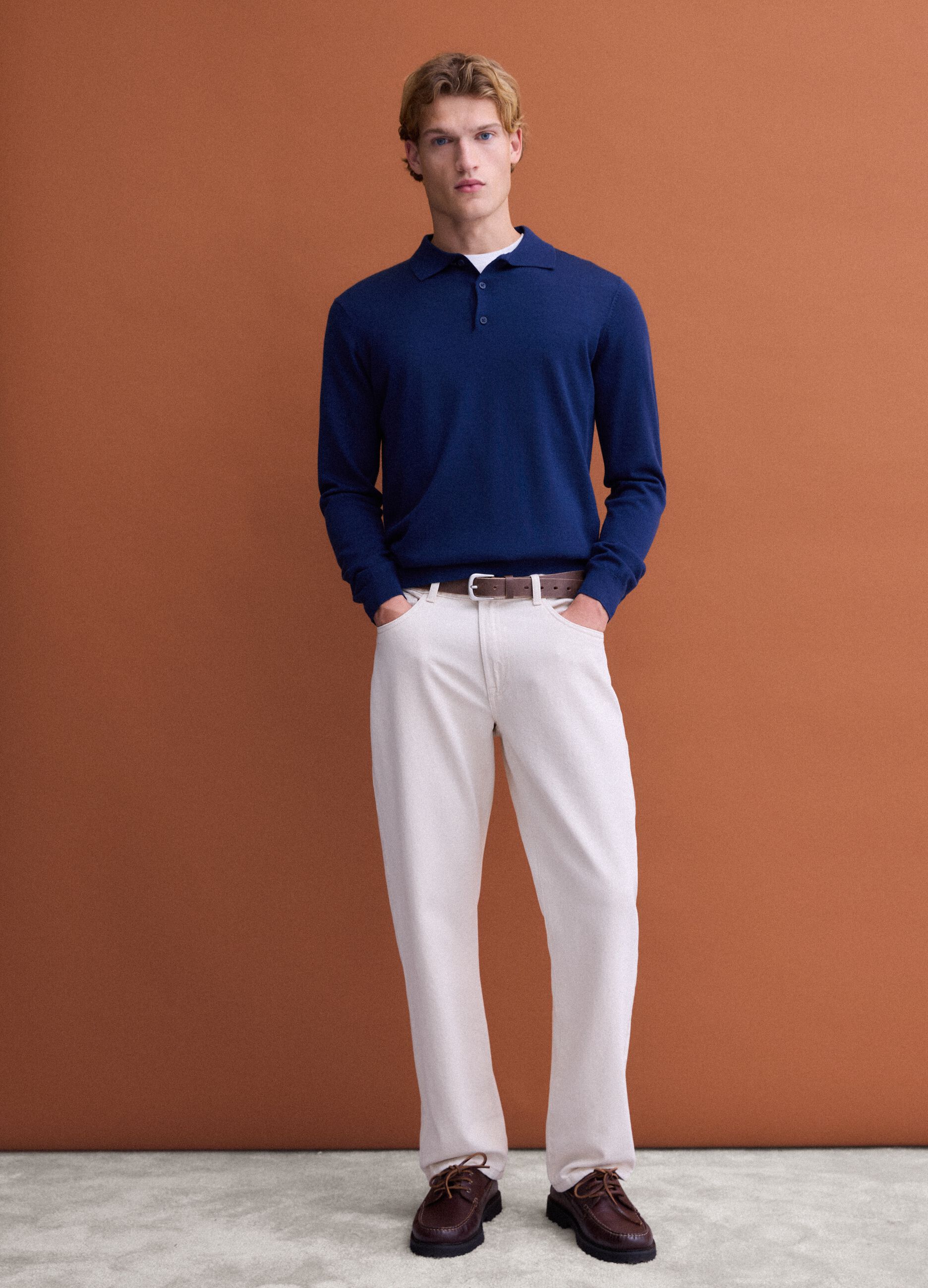 Blue pure merino wool polo jumper with polo collar