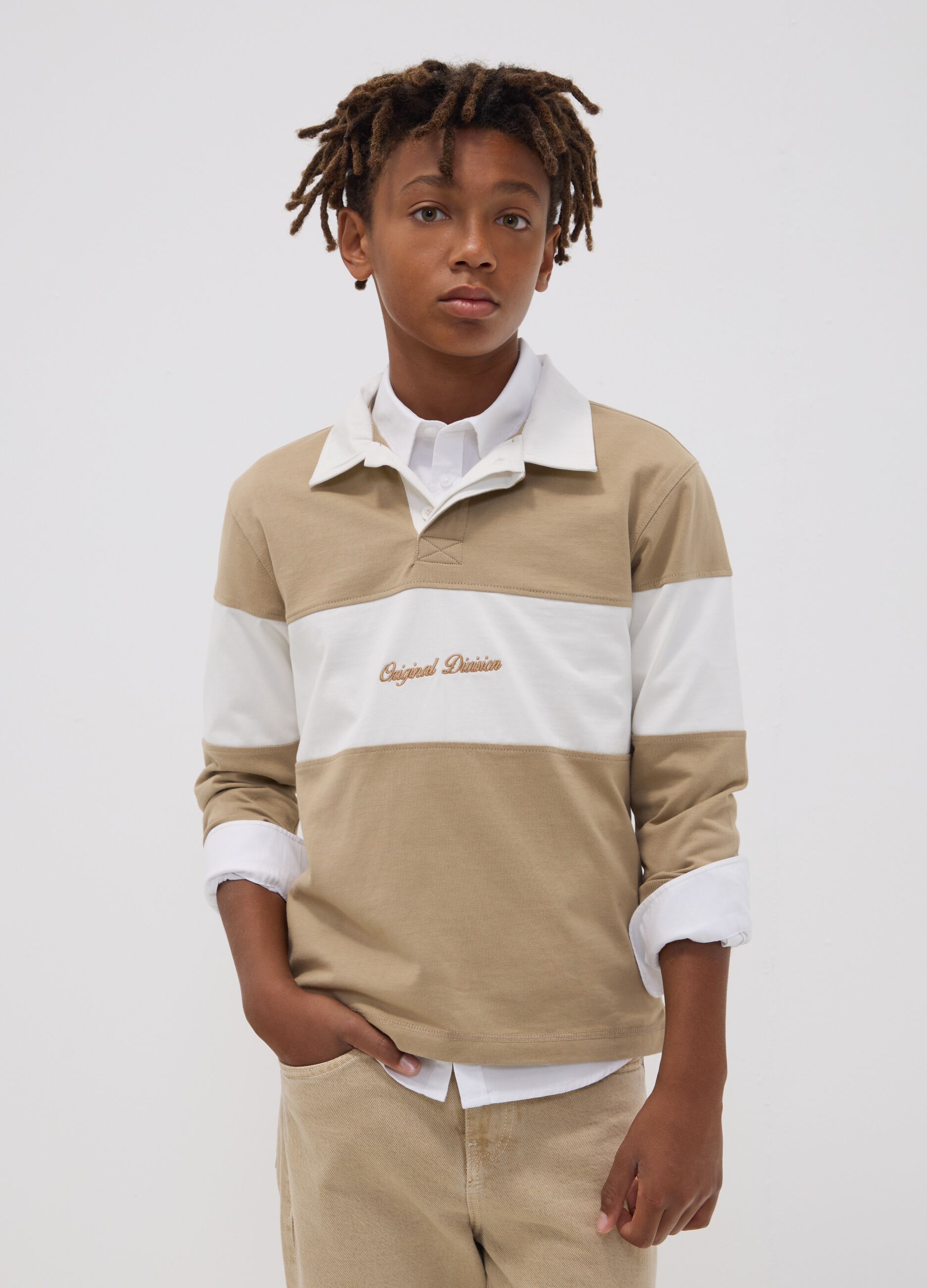 Beige pure cotton striped polo shirt with classic collar for boys